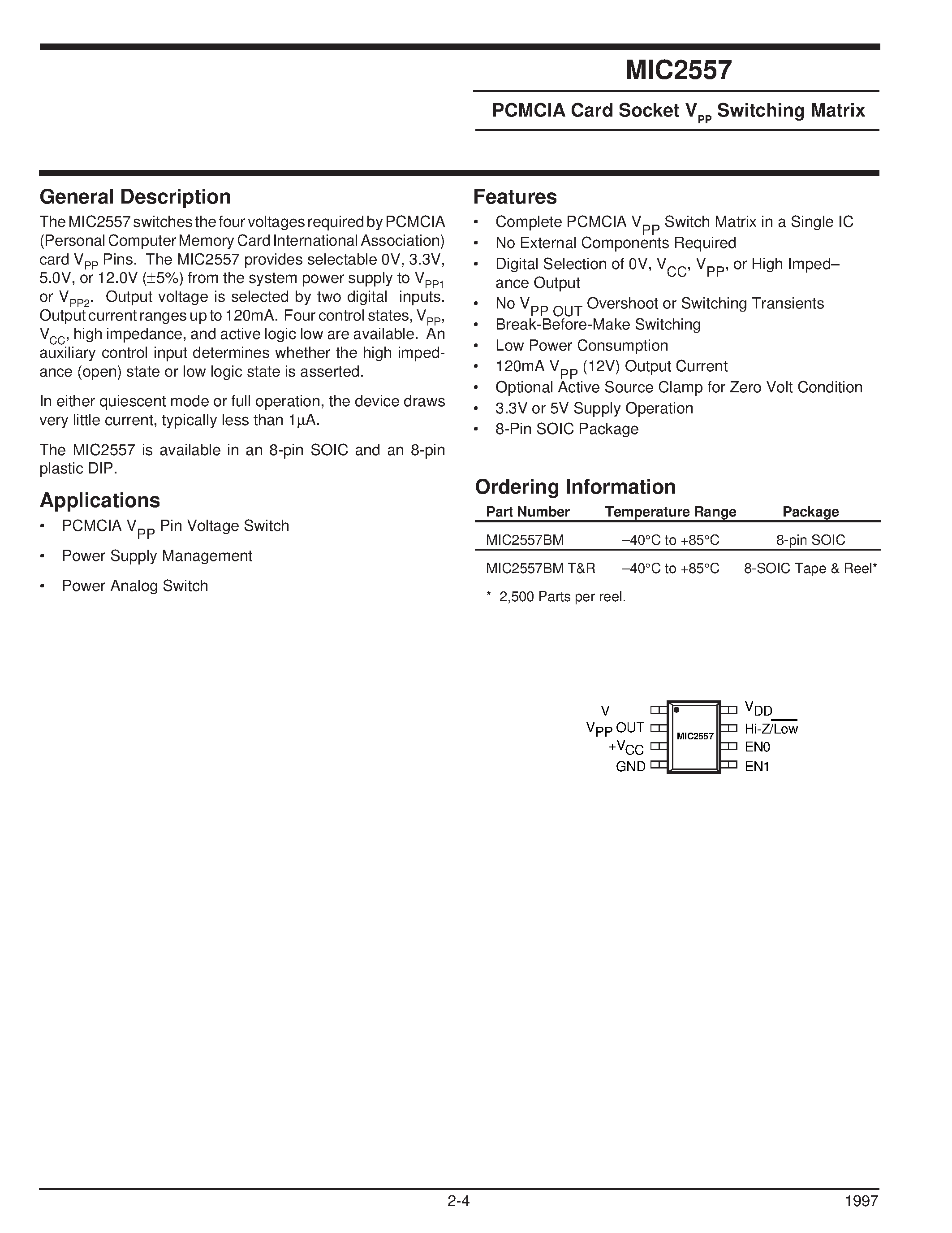Datasheet MIC2557BM - PCMCIA Card Socket VPP Switching Matrix page 1
