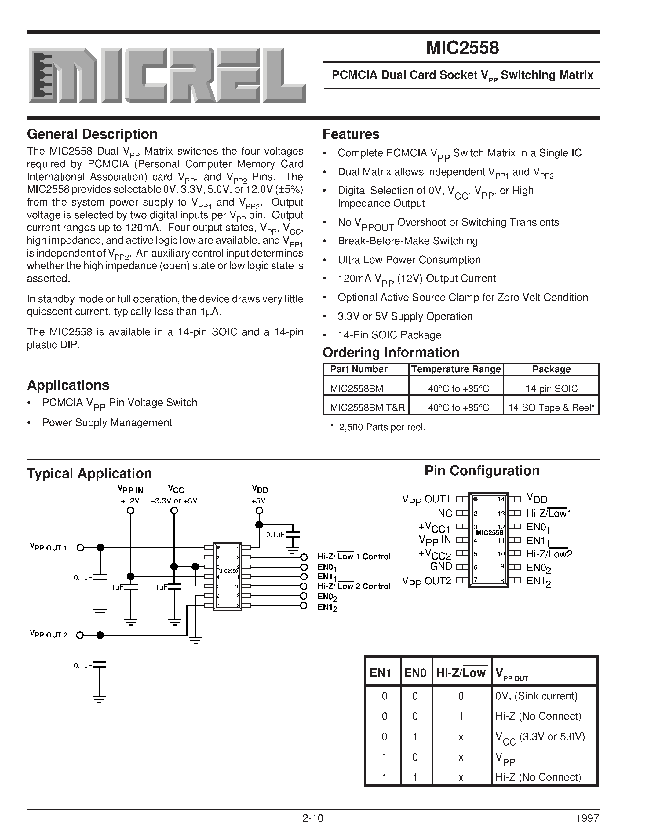 Datasheet MIC2558BM page 1 Datasheet MIC2558BM - PCMCIA Dual Card Socket VPP Switching Matrix page 1