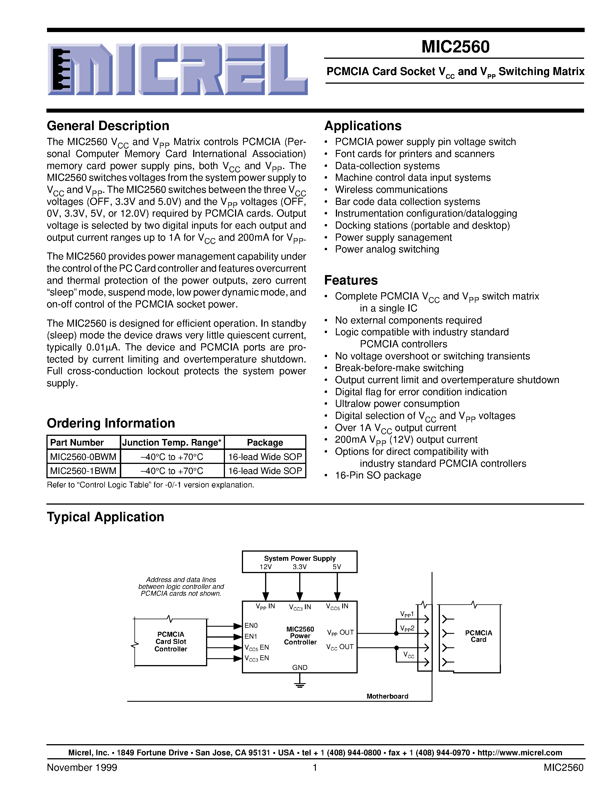 Datasheet MIC2560 page 1 Datasheet MIC2560 - PCMCIA Card Socket VCC and VPP Switching Matrix page 1