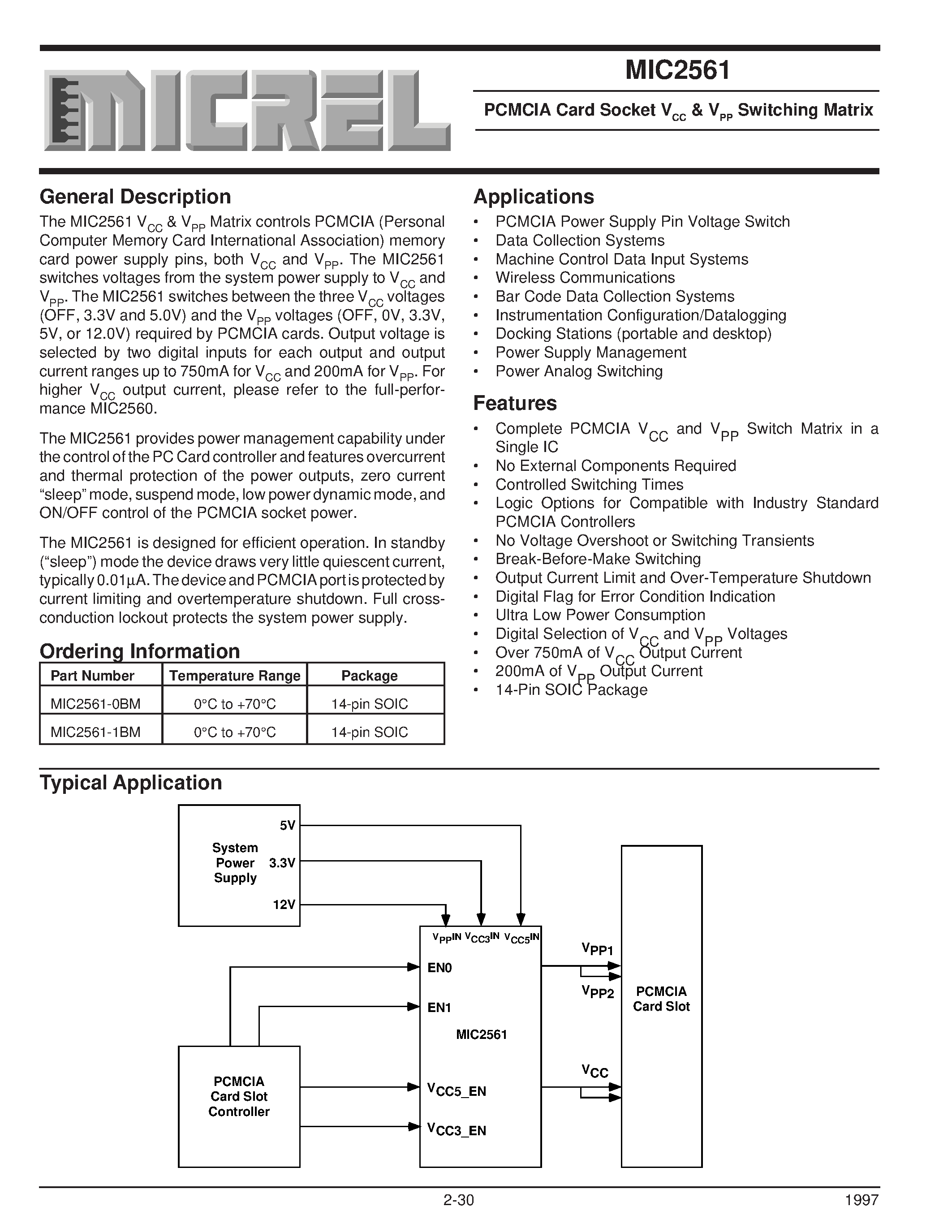 Datasheet MIC2561-0BM page 1 Datasheet MIC2561-0BM - PCMCIA Card Socket VCC & VPP Switching Matrix page 1