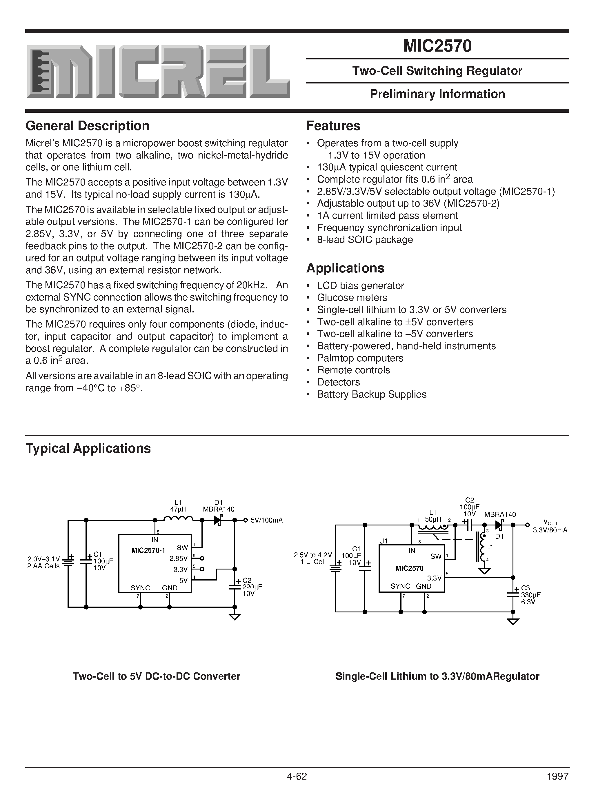 Datasheet MIC2570-1BM - Two-Cell Switching Regulator Preliminary Information page 1