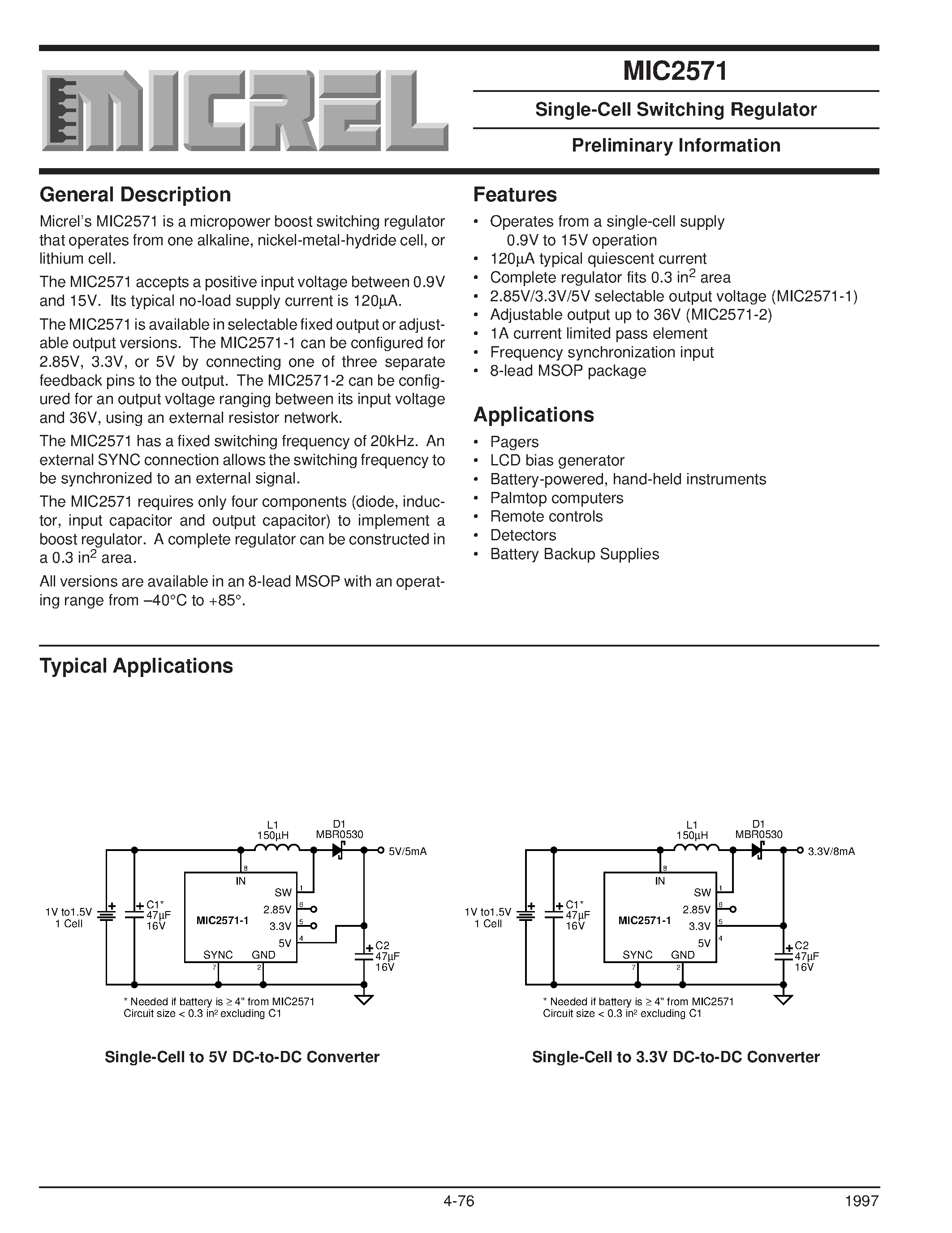 Datasheet MIC2571-1BMM - Single-Cell Switching Regulator Preliminary Information page 1