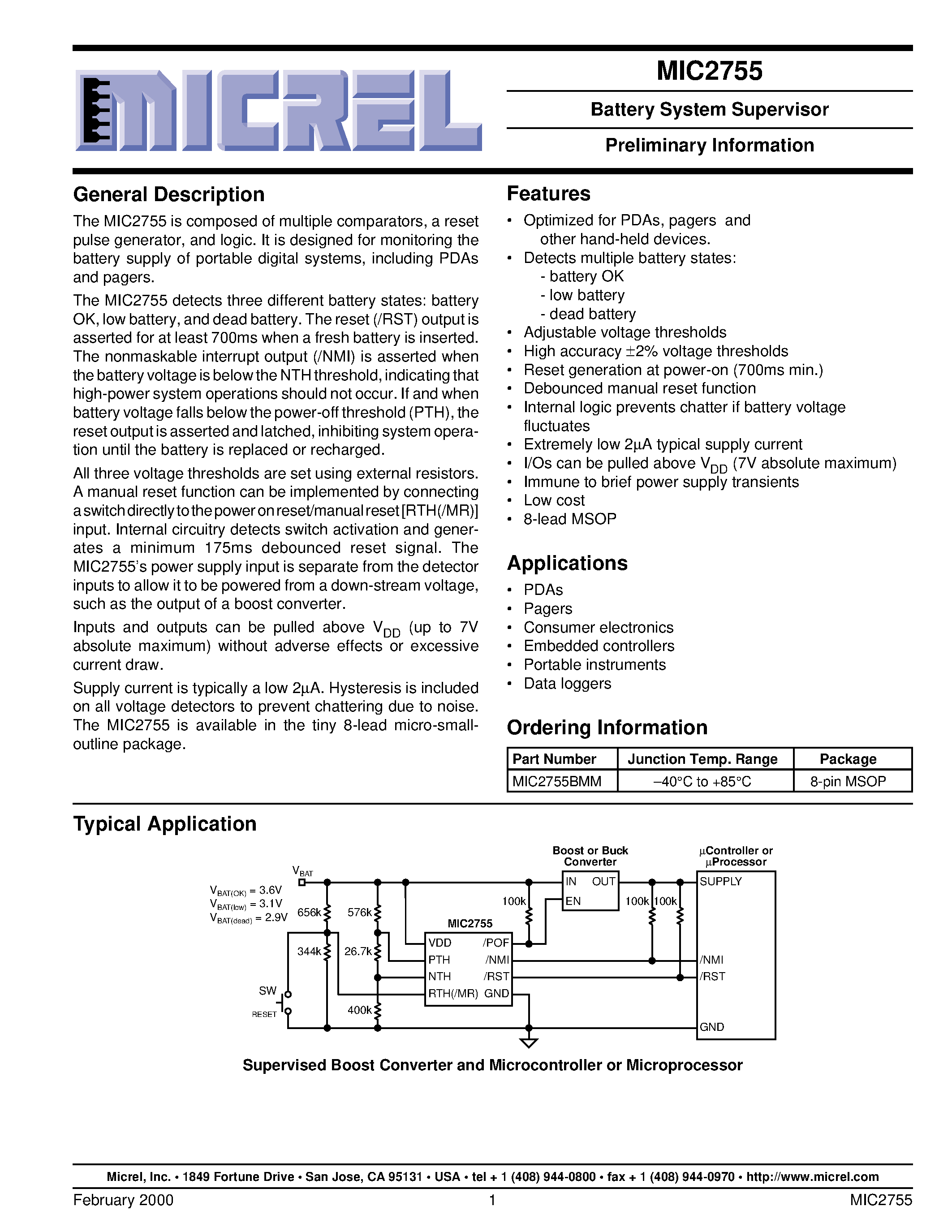 Datasheet MIC2755 - Battery System Supervisor Preliminary Information page 1