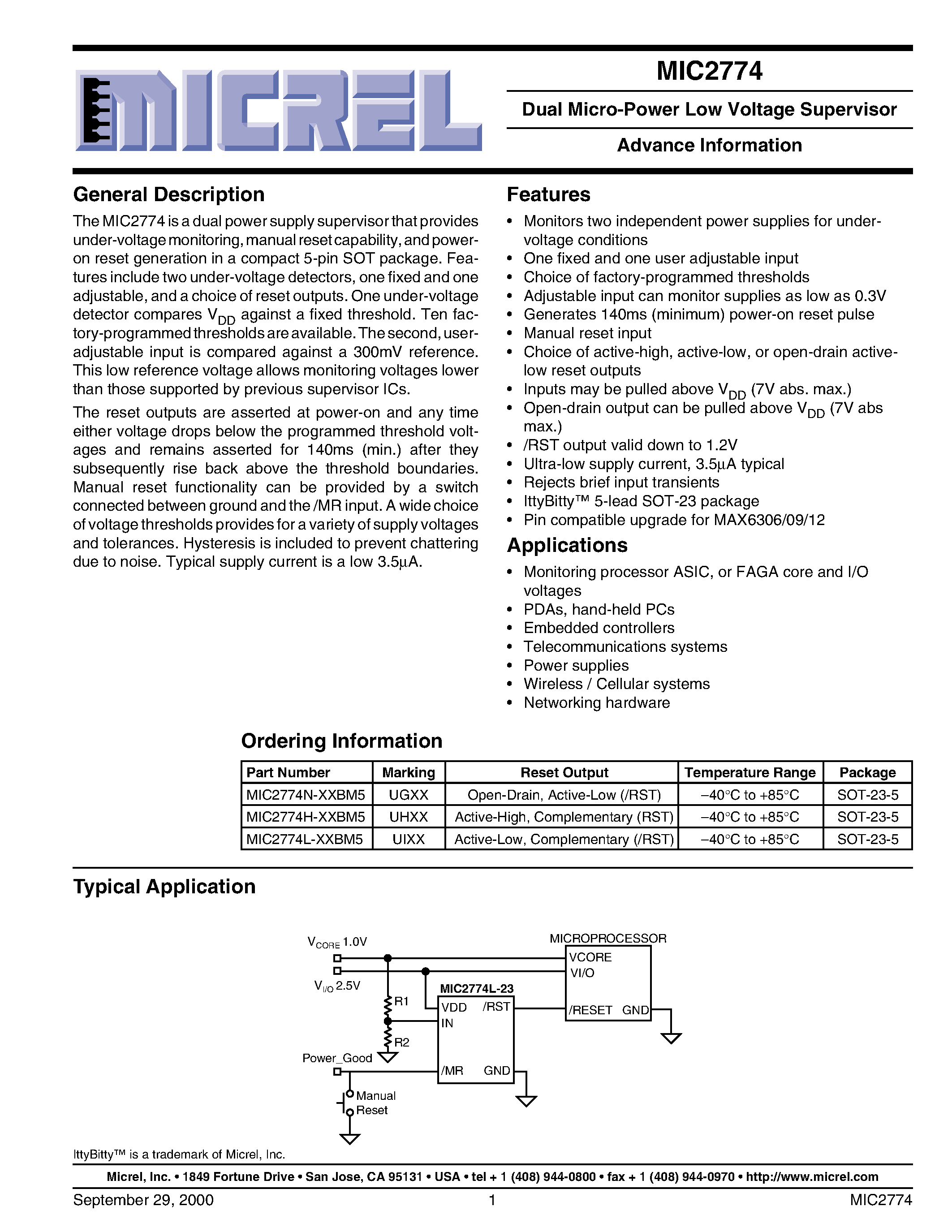 Datasheet MIC2774L-XXBM5 - Dual Micro-Power Low Voltage Supervisor Advance Information page 1