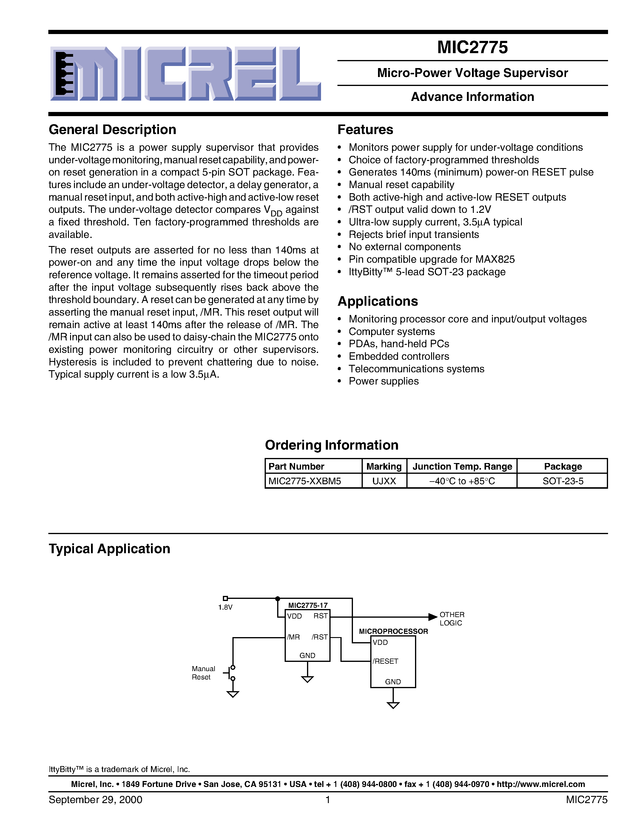Datasheet MIC2775-XXBM5 - Micro-Power Voltage Supervisor Advance Information page 1