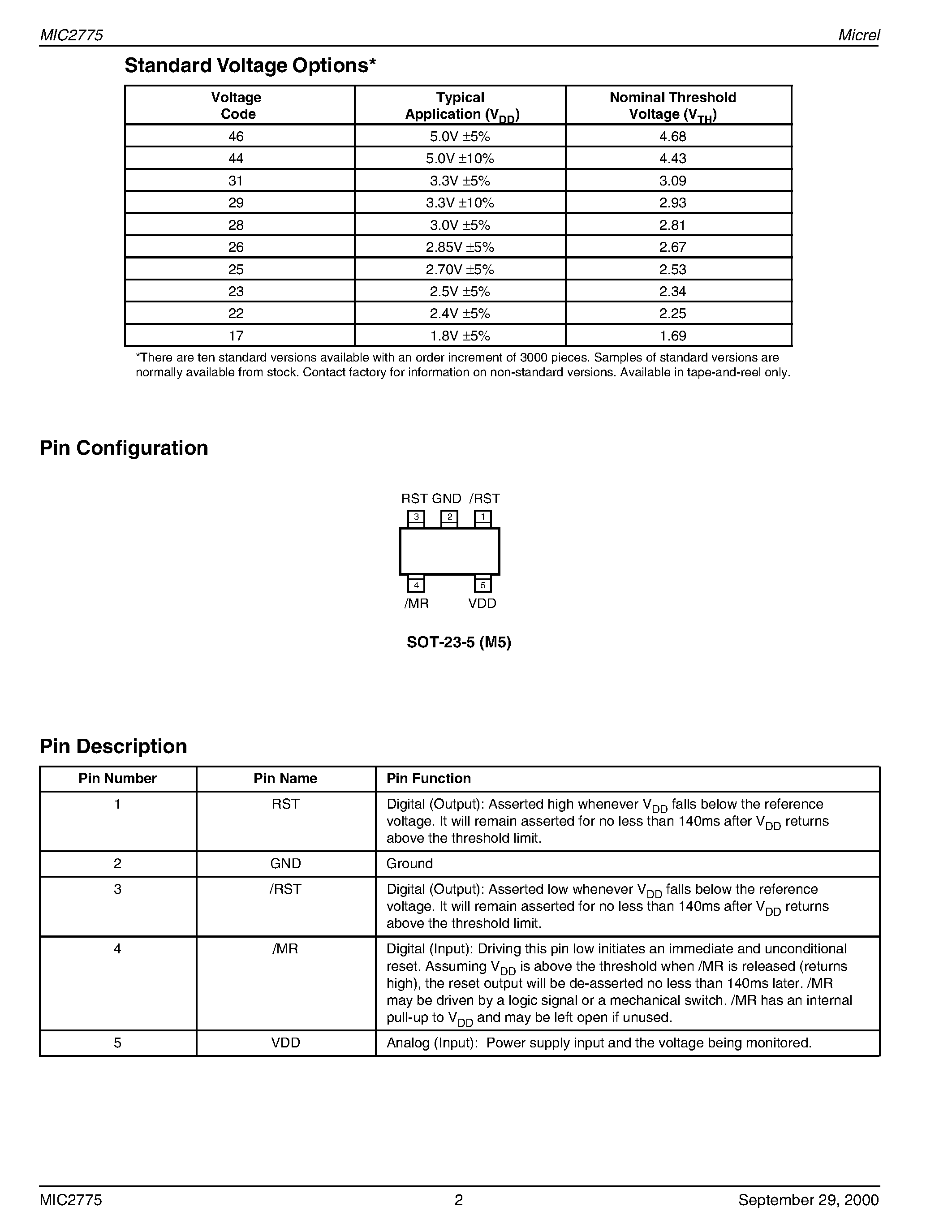 Datasheet MIC2775-XXBM5 - Micro-Power Voltage Supervisor Advance Information page 2