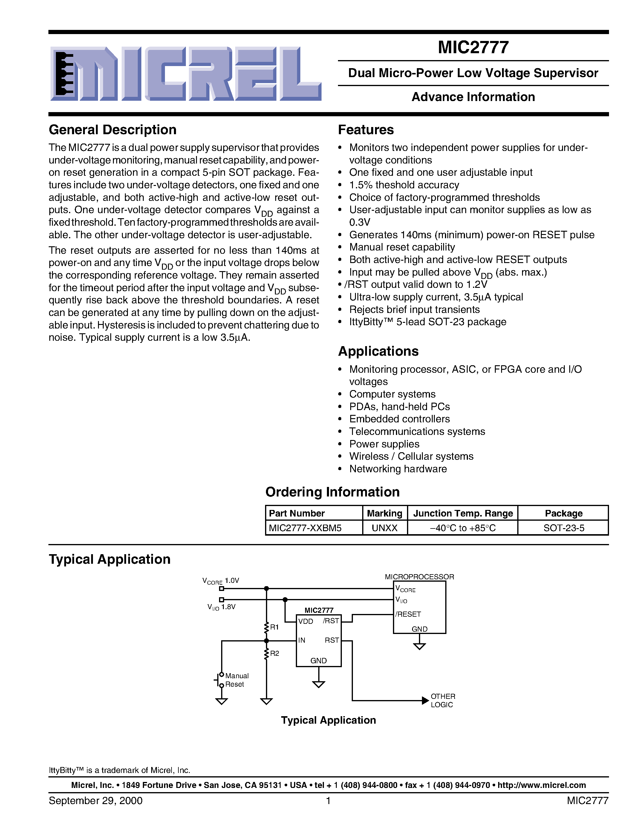 Datasheet MIC2777 - Dual Micro-Power Low Voltage Supervisor Advance Information page 1