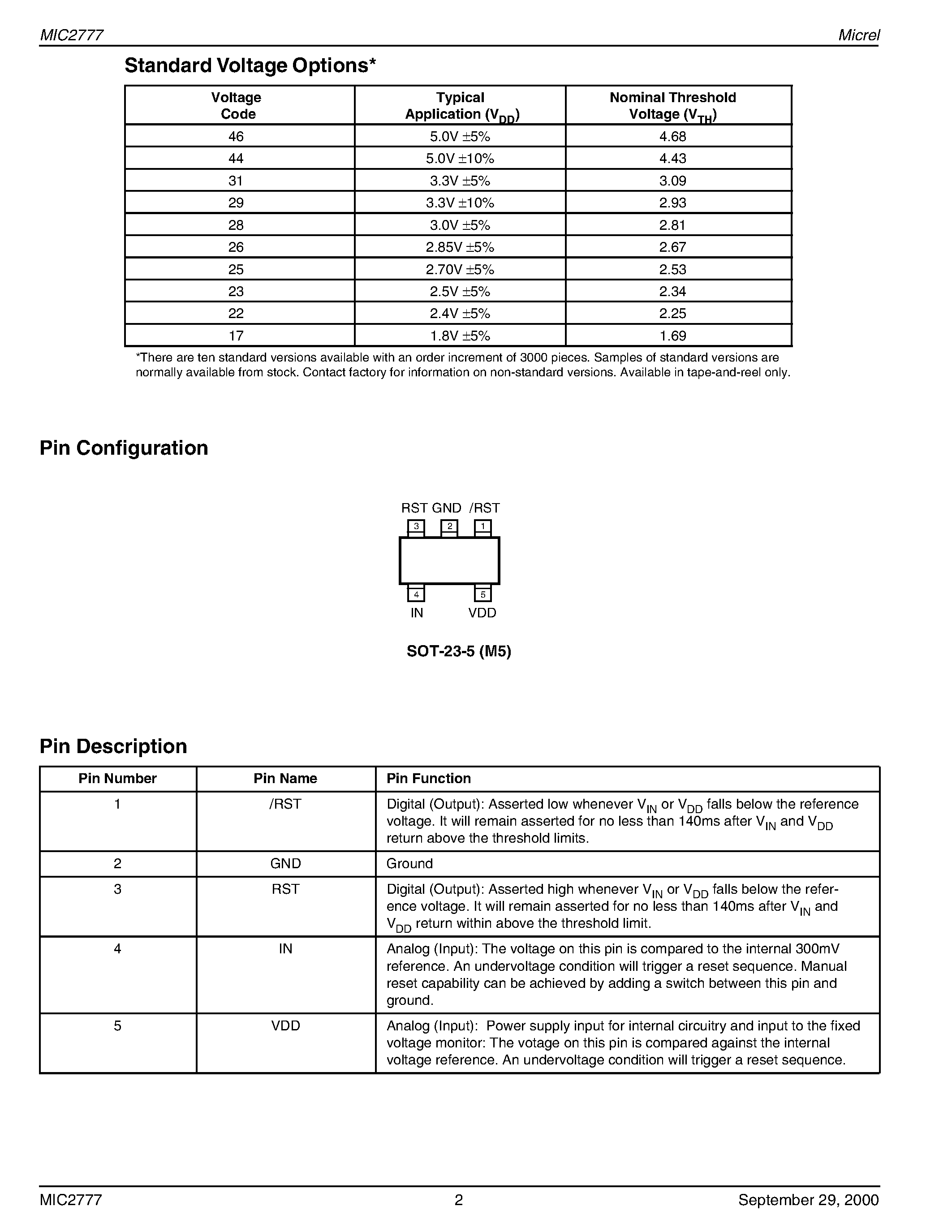 Datasheet MIC2777 - Dual Micro-Power Low Voltage Supervisor Advance Information page 2