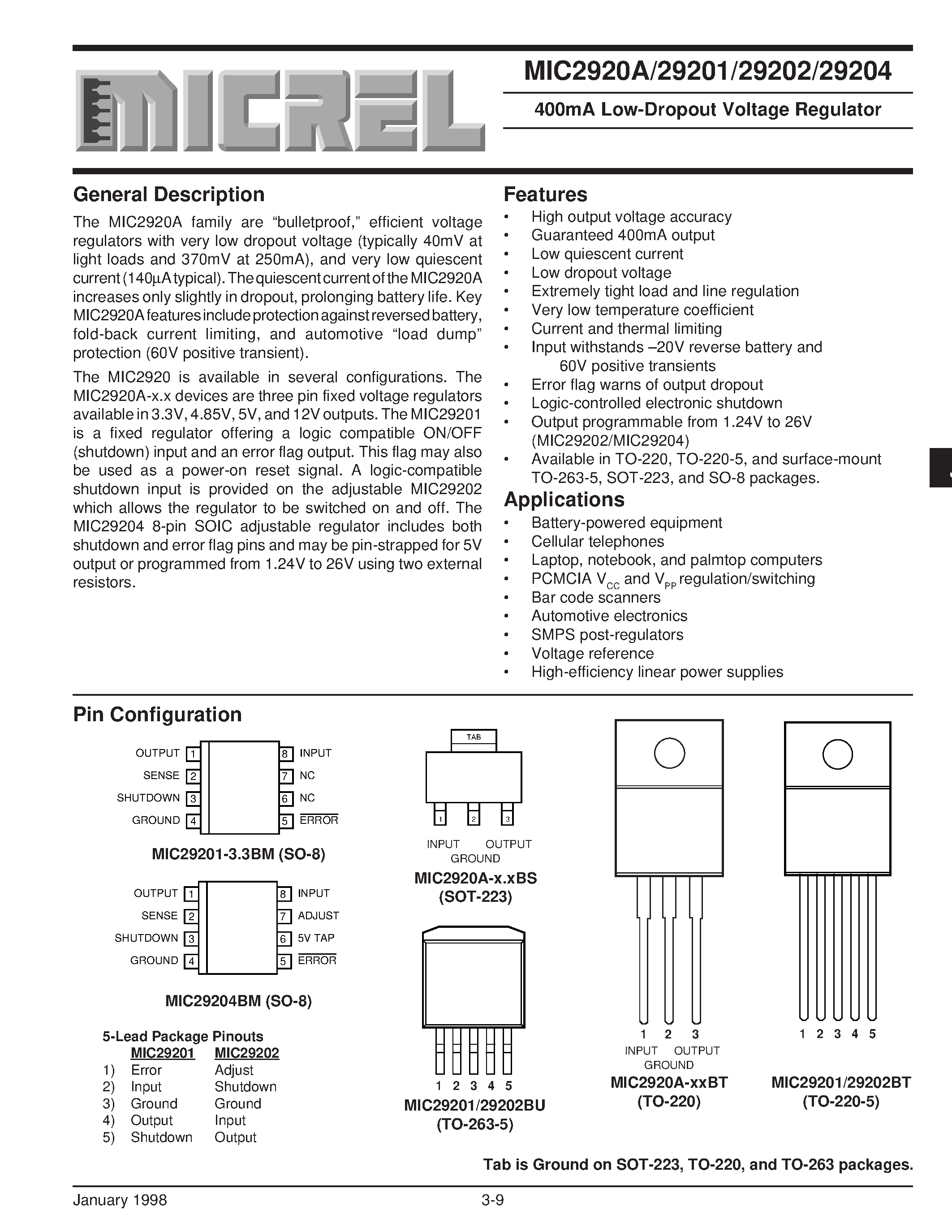 Datasheet MIC29201-3.3BT - 400mA Low-Dropout Voltage Regulator page 1