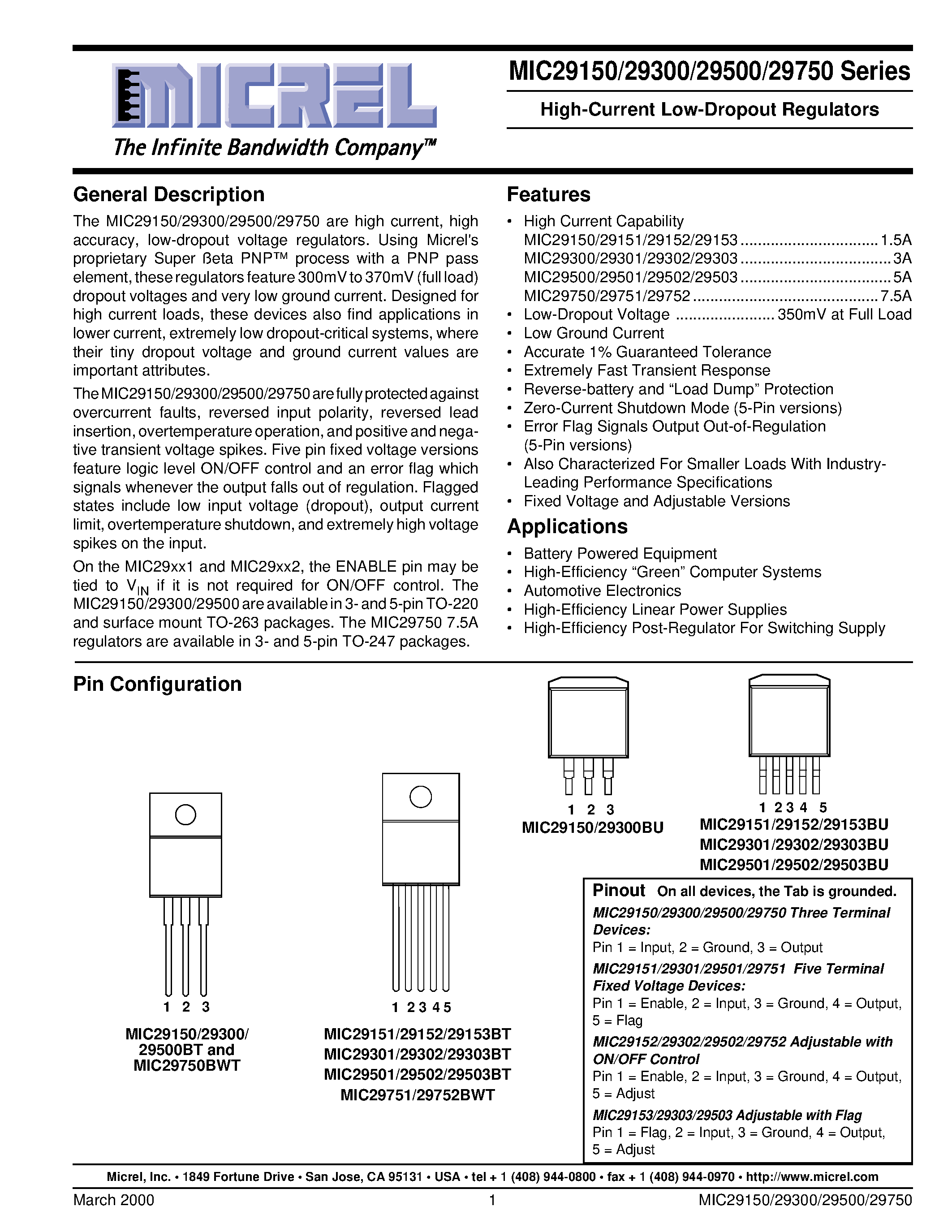 Datasheet MIC29300-3.3BU - High-Current Low-Dropout Regulators page 1