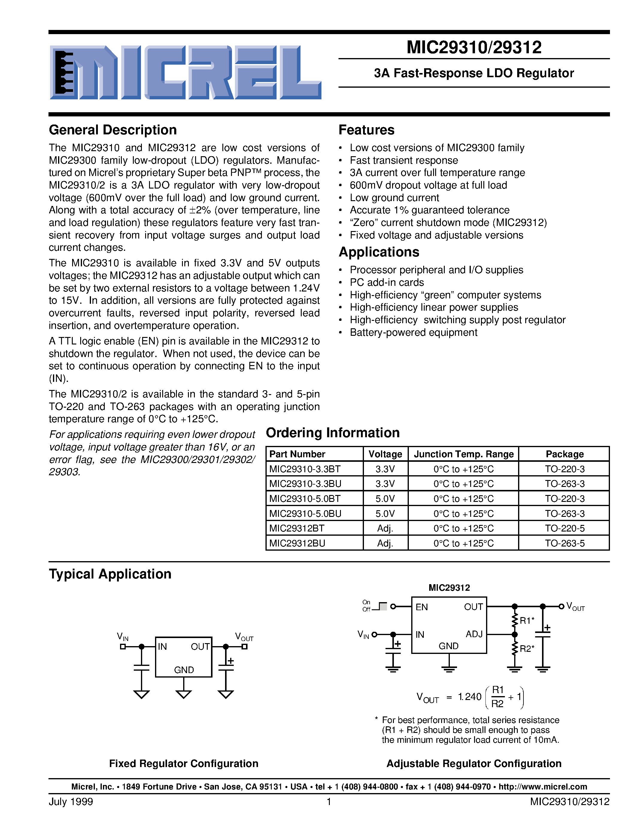 Datasheet MIC29310-3.3BU - 3A Fast-Response LDO Regulator page 1