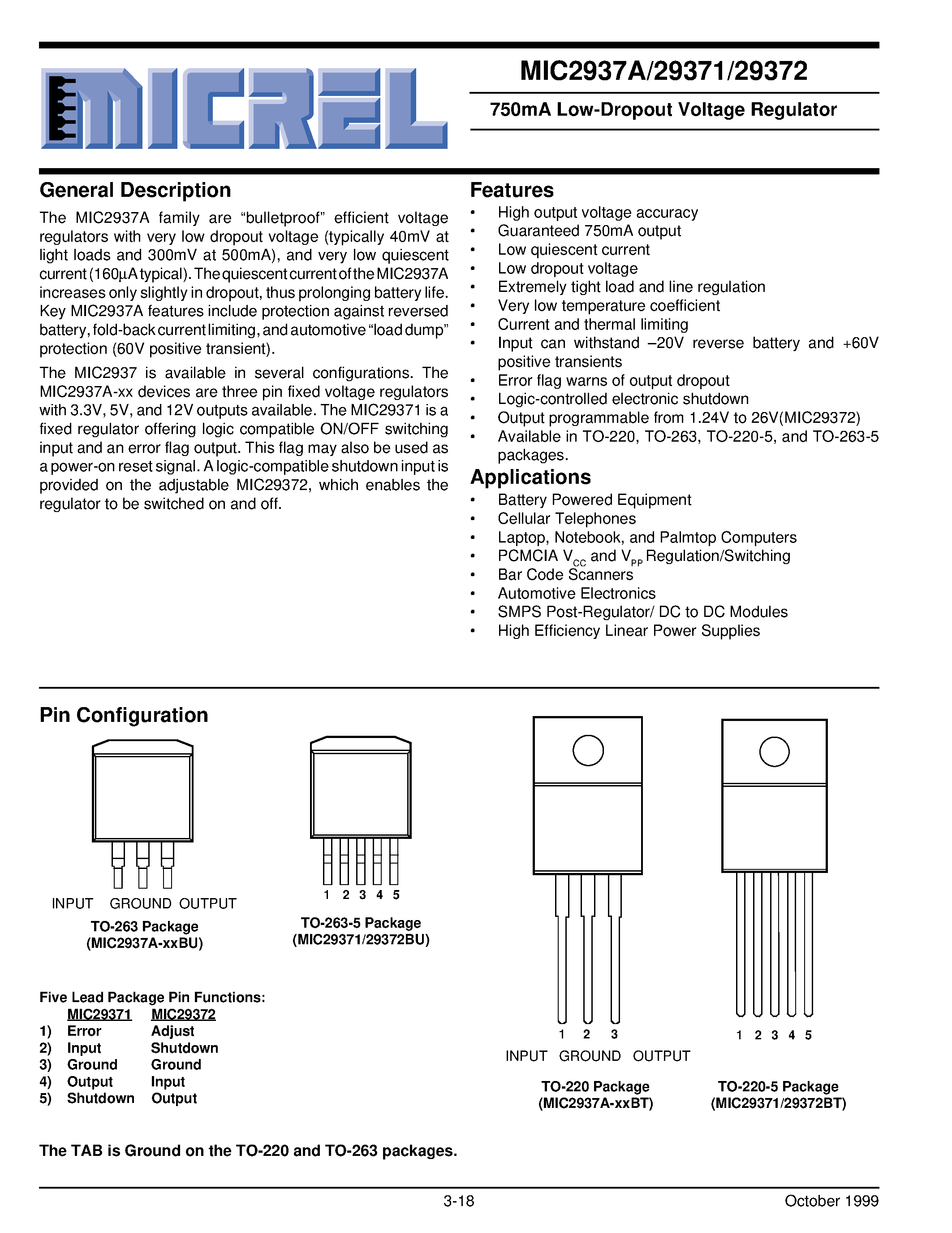 Datasheet MIC29371-3.3BU - 750mA Low-Dropout Voltage Regulator page 1
