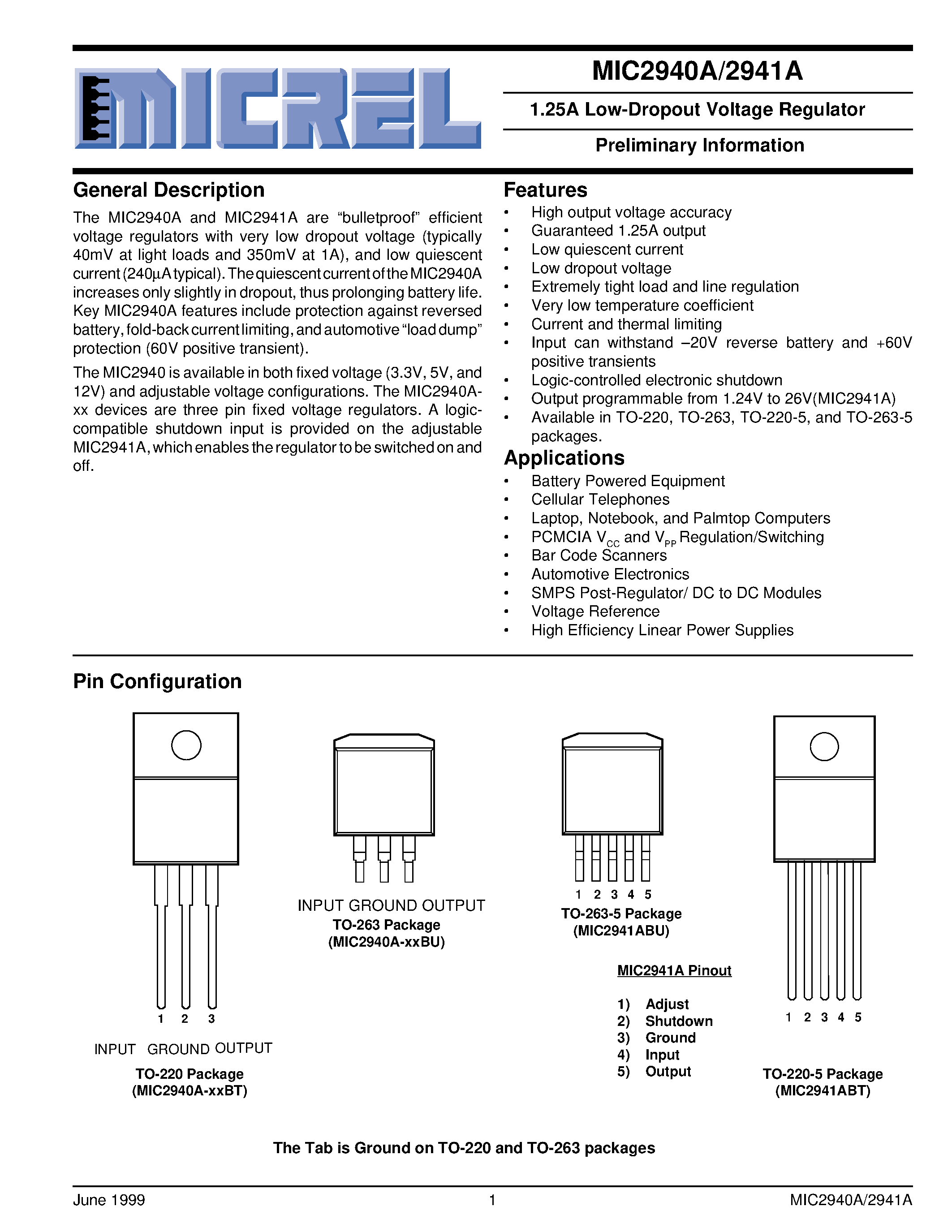 Datasheet MIC2940A-3.3BT - 1.25A Low-Dropout Voltage Regulator Preliminary Information page 1