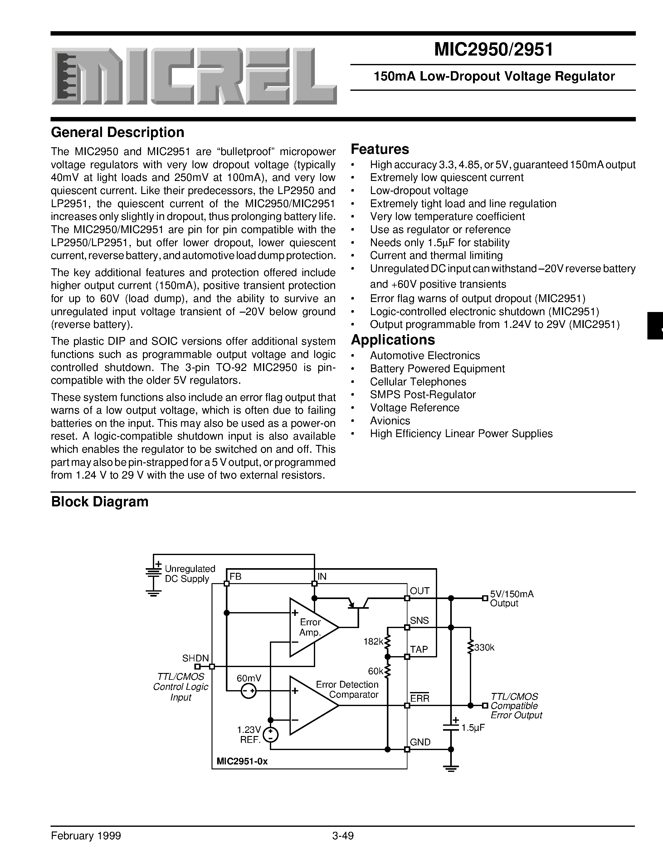 Datasheet MIC2951-3.3BM - 150mA Low-Dropout Voltage Regulator page 1