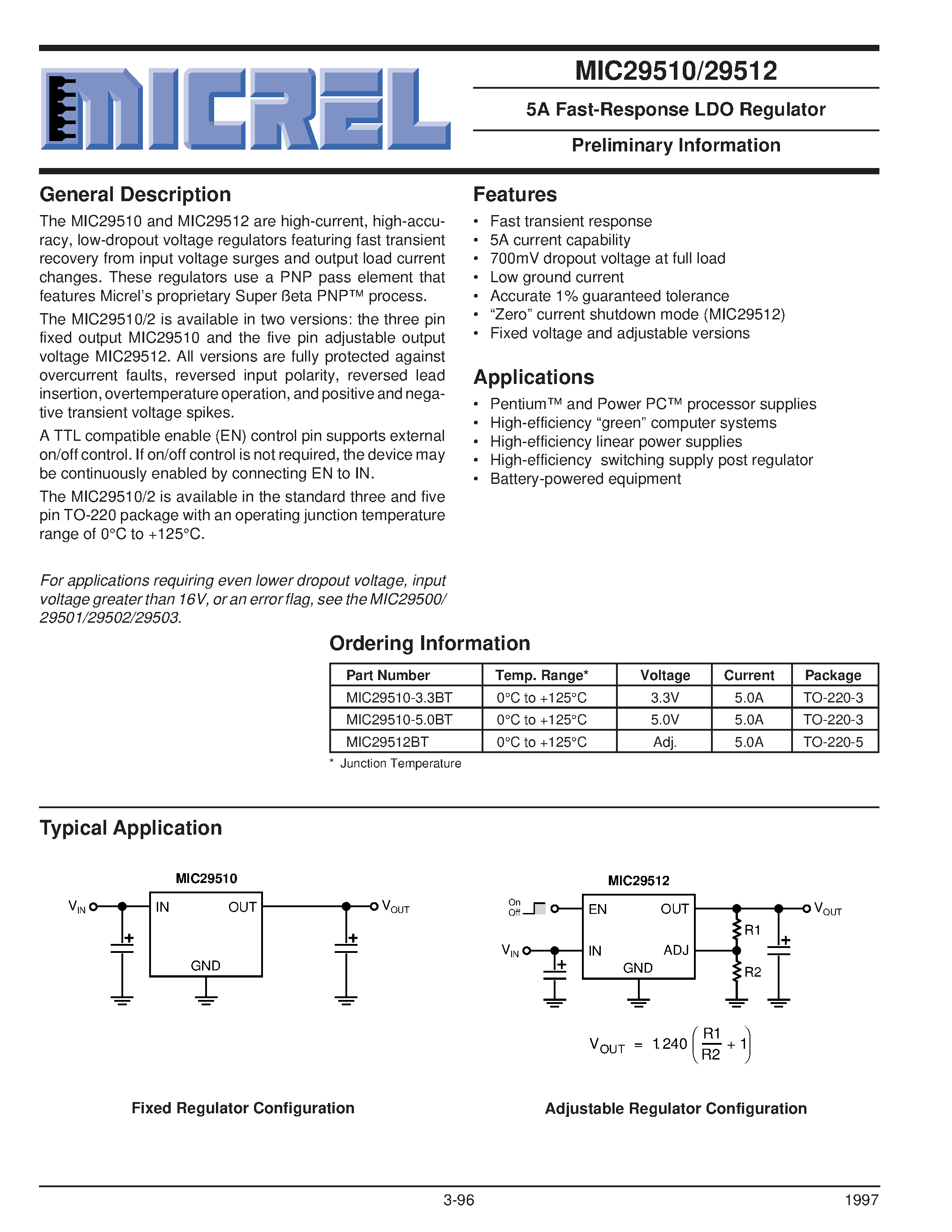 Datasheet MIC29510-3.3BT - 5A Fast-Response LDO Regulator Preliminary Information page 1