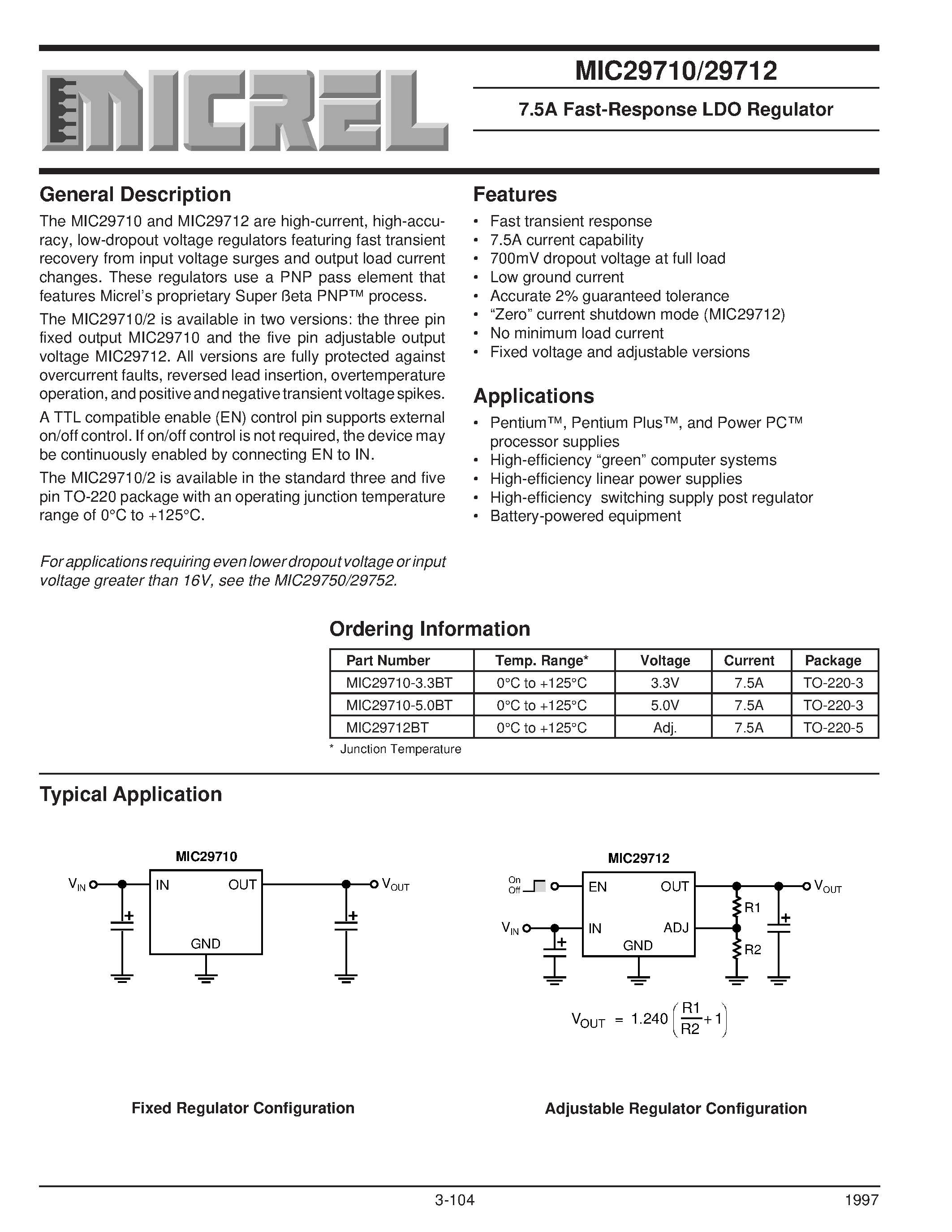 Даташит MIC29710-5.0BT - 7.5A Fast-Response LDO Regulator страница 1