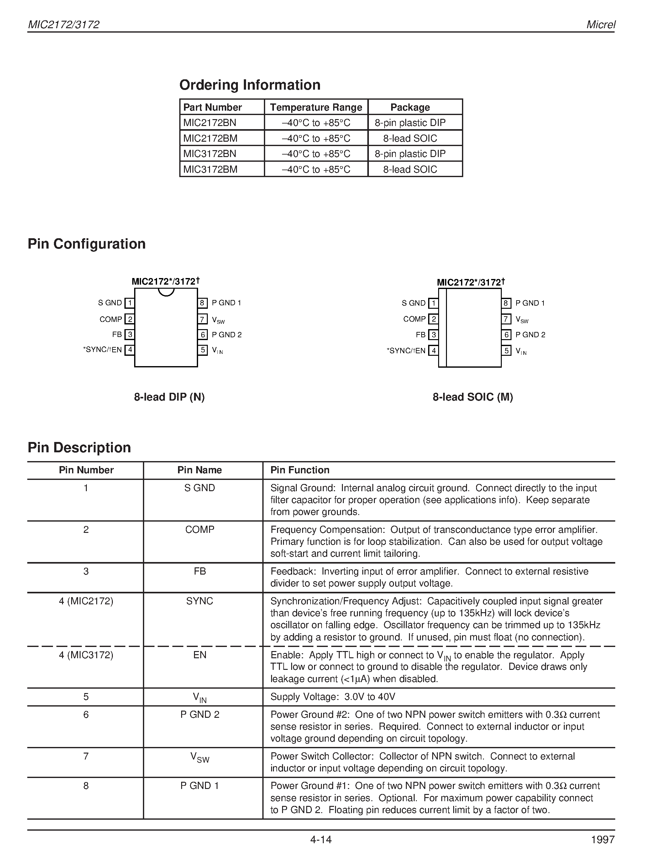 Datasheet MIC3172BM - 100kHz 1.25A Switching Regulators Preliminary Information page 2
