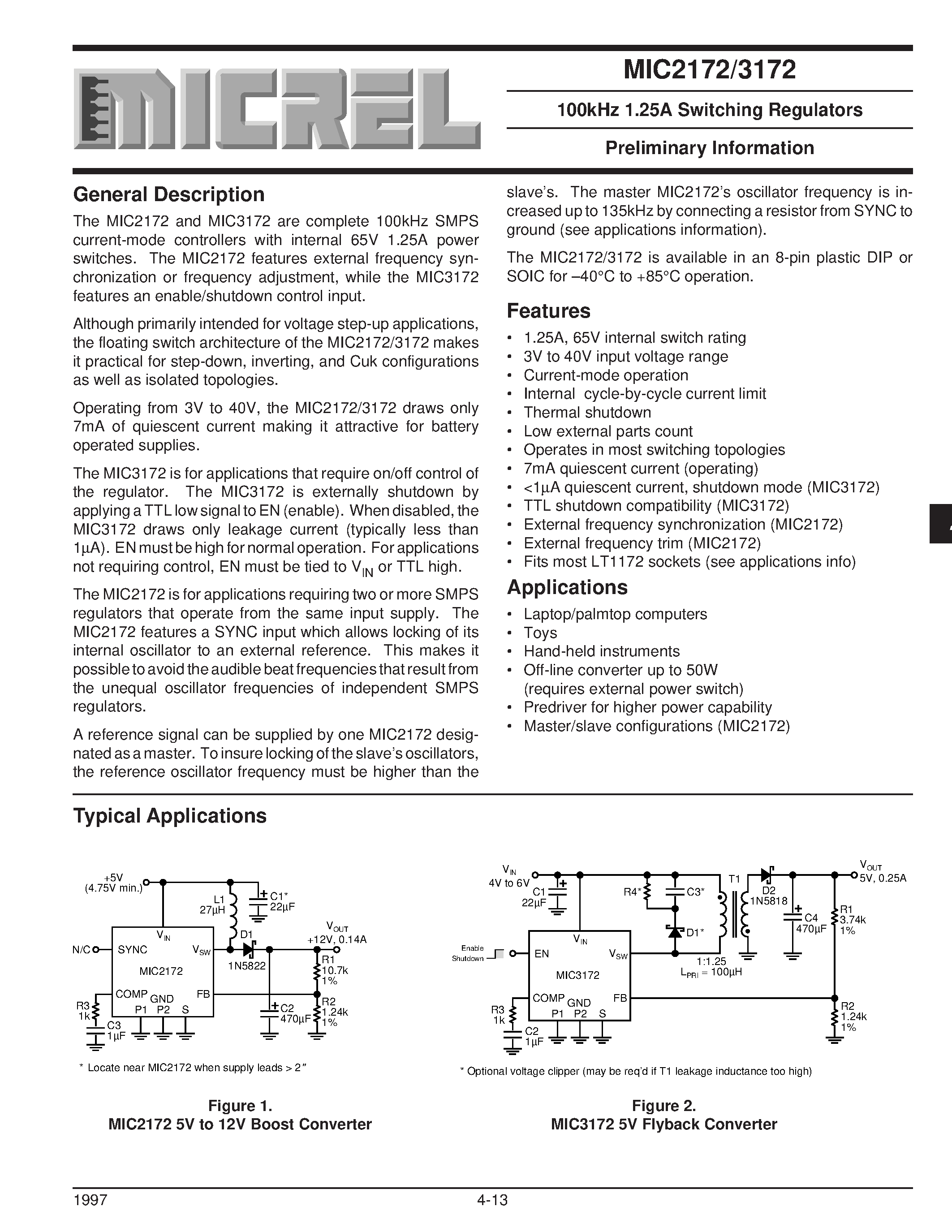 Datasheet MIC3172BN - 100kHz 1.25A Switching Regulators Preliminary Information page 1