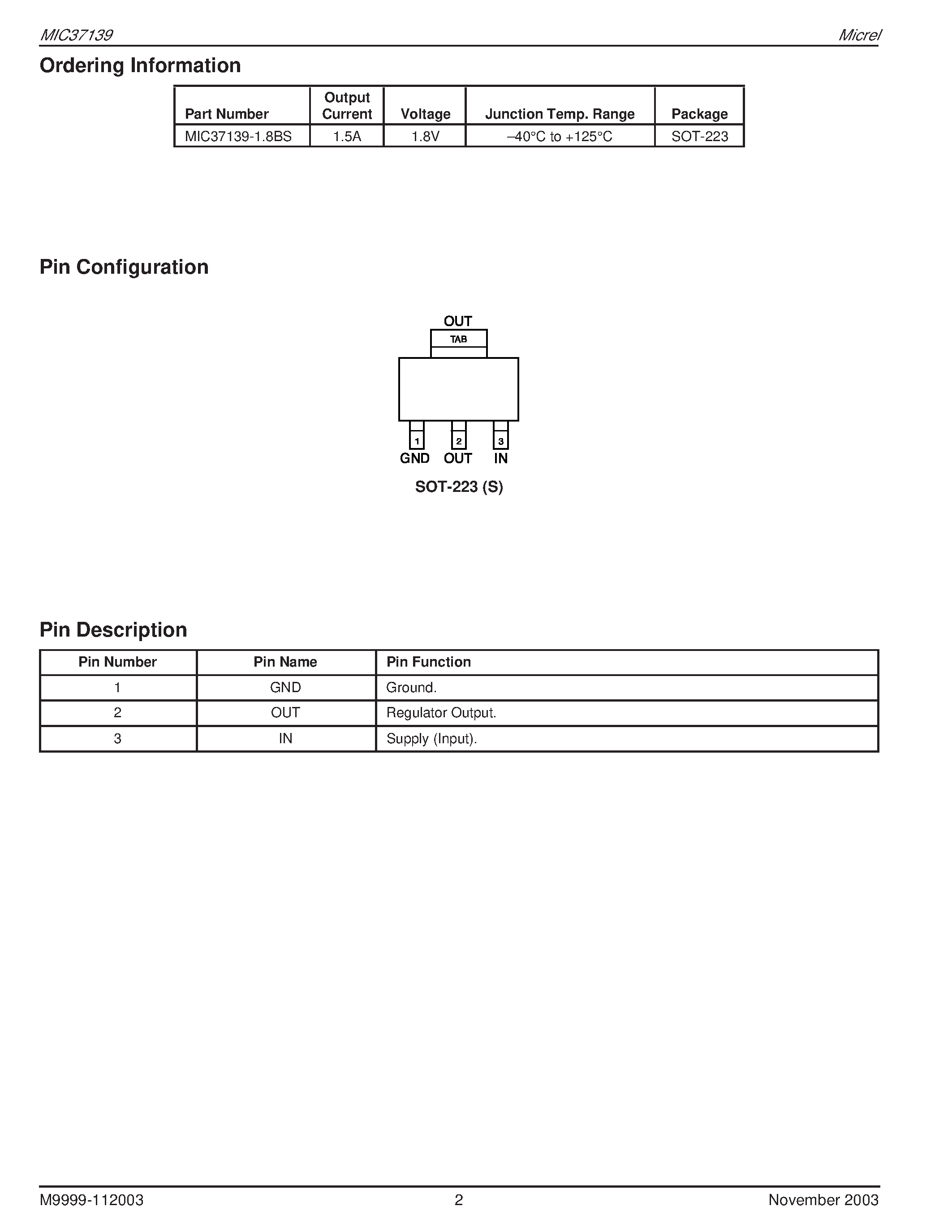 Datasheet MIC37139 - 1.5A/ LOW VOLTAGE UCAP LDO REGULATOR page 2