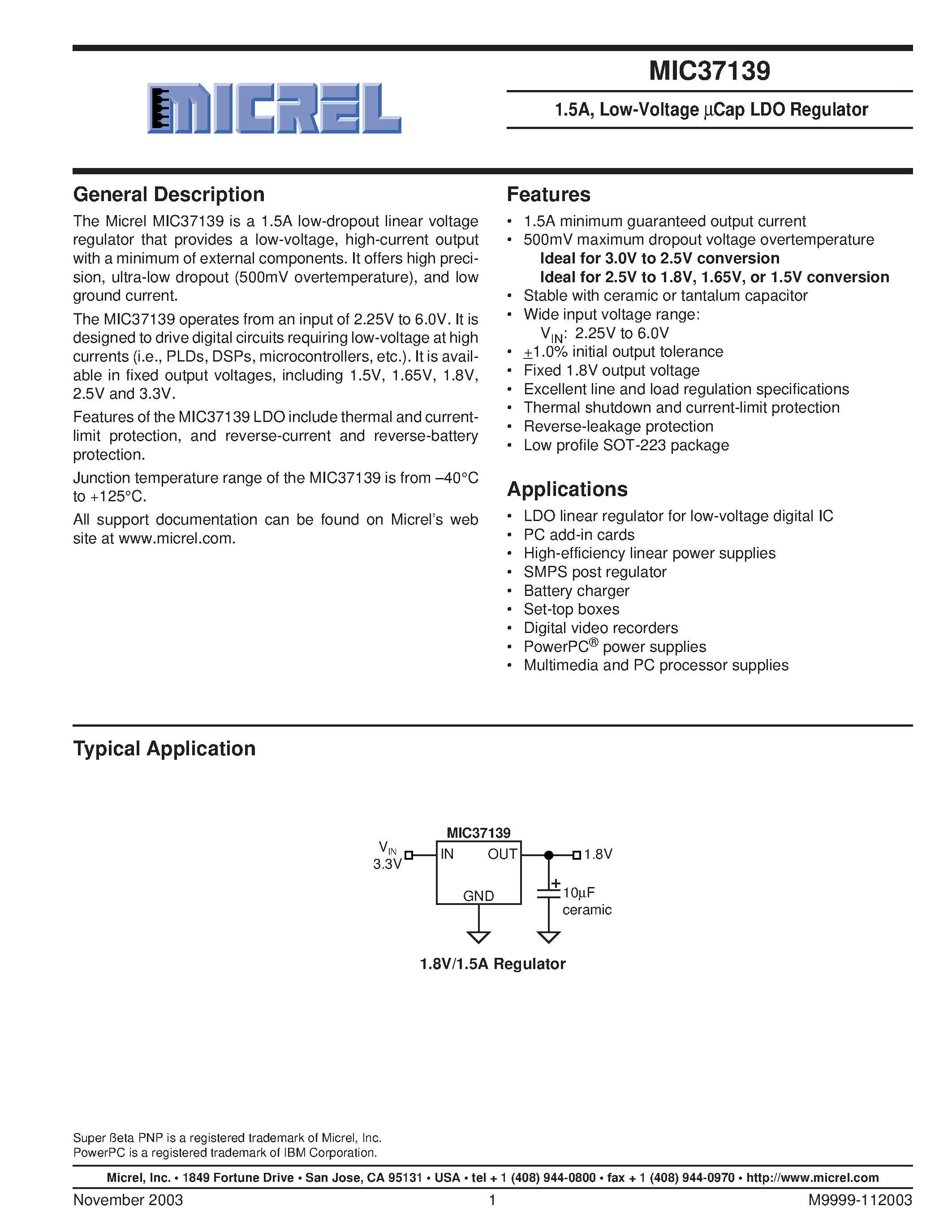 Datasheet MIC37139-1.8BS - 1.5A/ LOW VOLTAGE UCAP LDO REGULATOR page 1