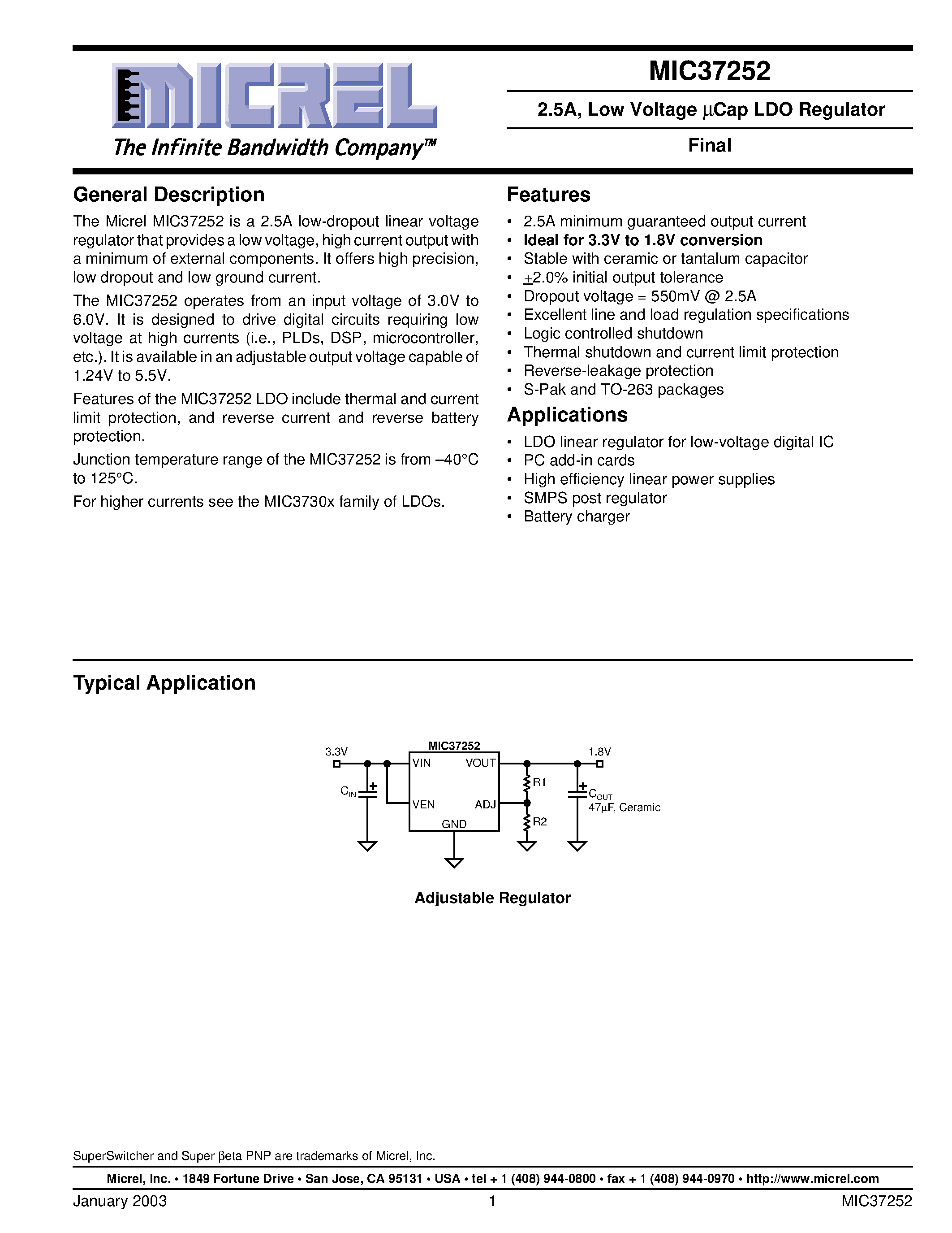 Datasheet MIC37252 - 2.5A/ Low Voltage UCap LDO Regulator page 1