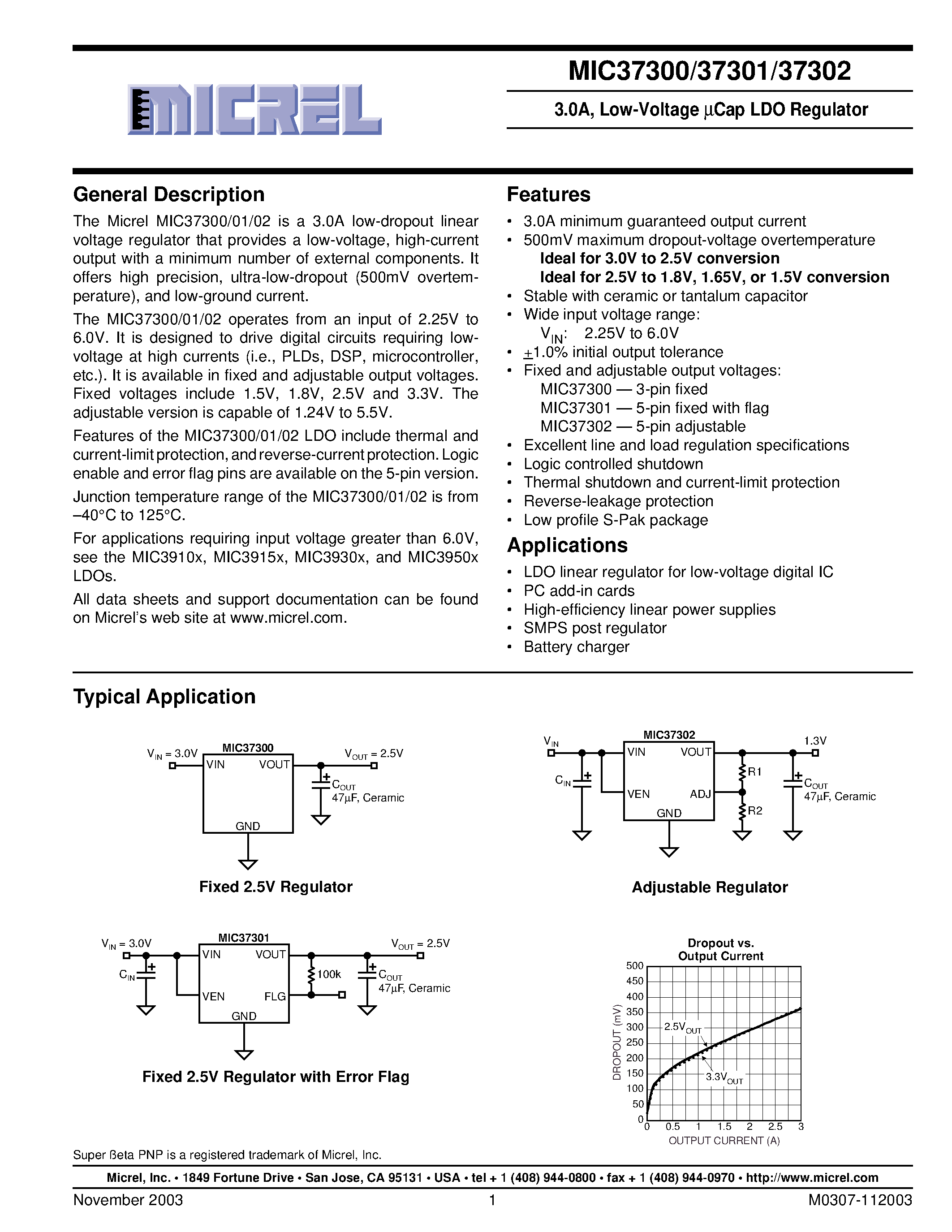 Datasheet MIC37301-1.5BR - 3.0A/ LOW VOLTAGE UCAP LDO REGULATOR page 1