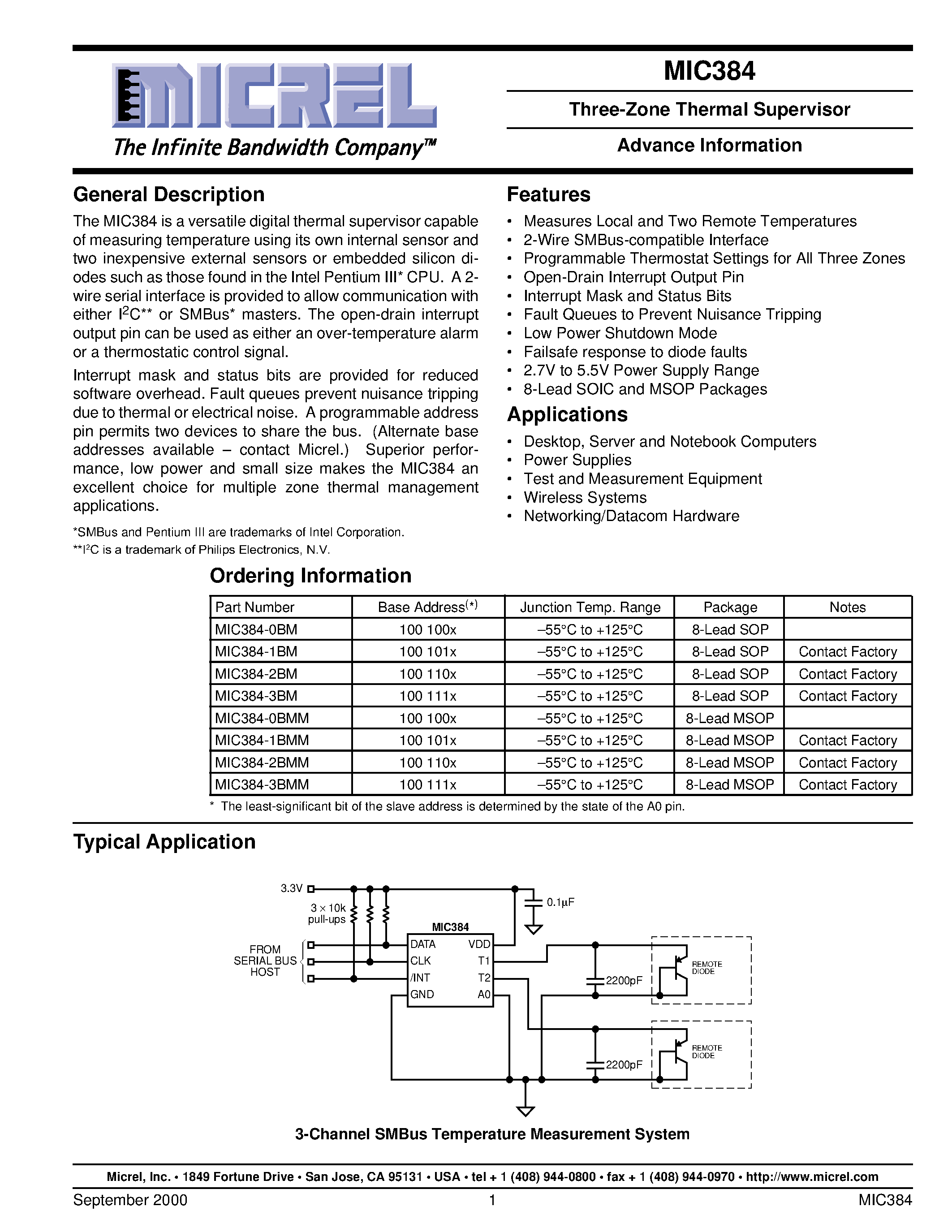 Datasheet MIC384-0BM - Three-Zone Thermal Supervisor Advance Information page 1