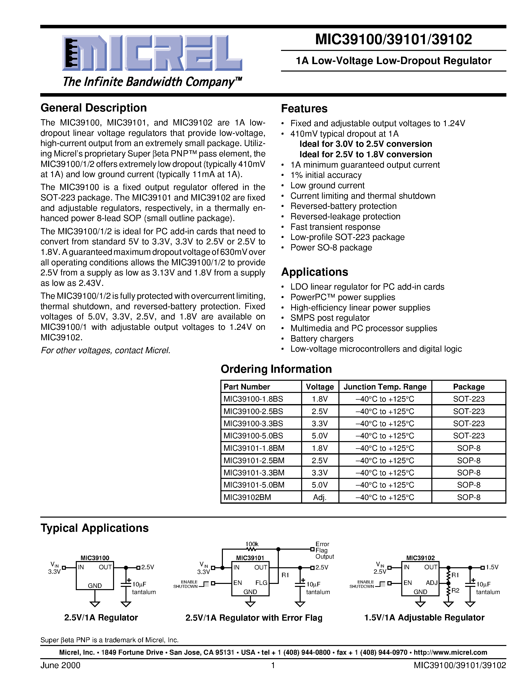 Даташит MIC39100-1.8BS - 1A Low-Voltage Low-Dropout Regulator страница 1