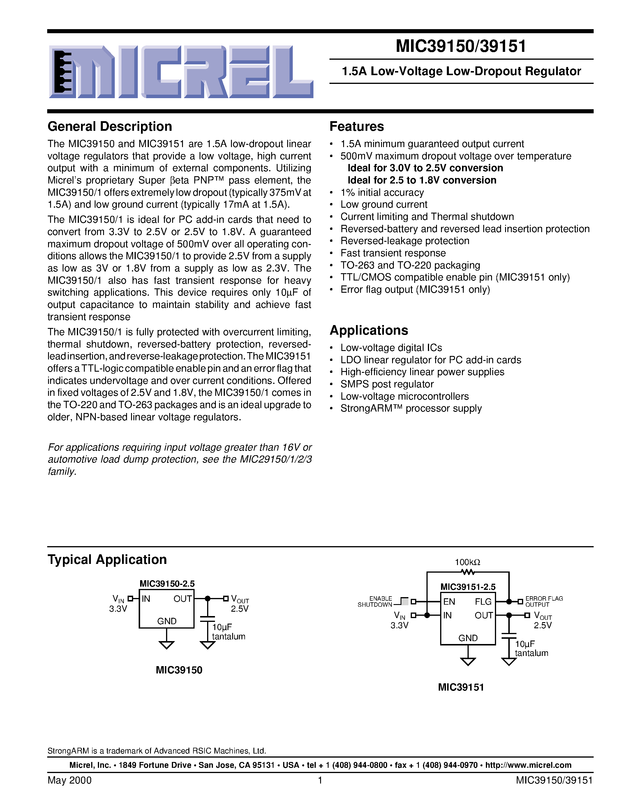 Datasheet MIC39151-2.5BU page 1 Datasheet MIC39151-2.5BU - 1.5A Low-Voltage Low-Dropout Regulator page 1