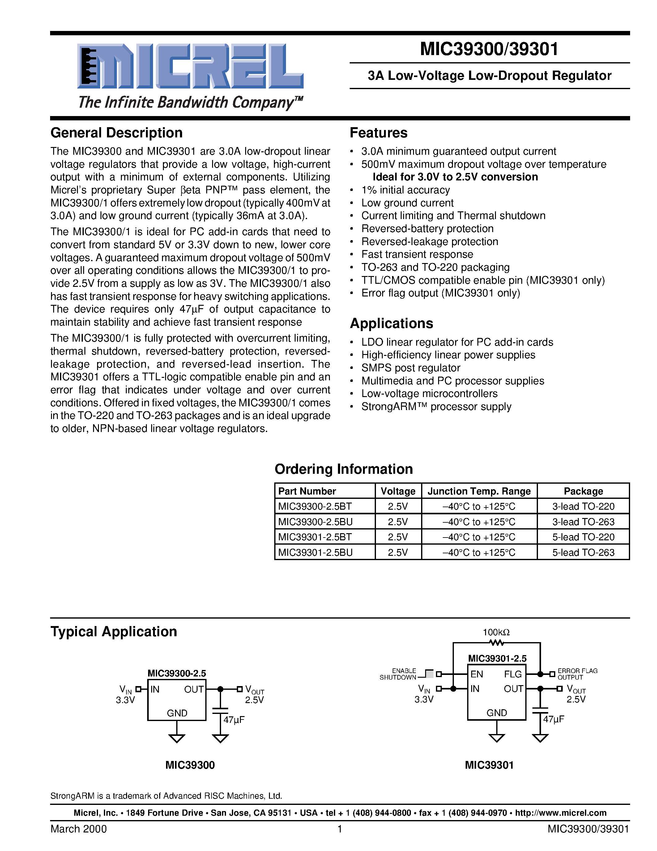 Datasheet MIC39301-2.5BU - 3A Low-Voltage Low-Dropout Regulator page 1