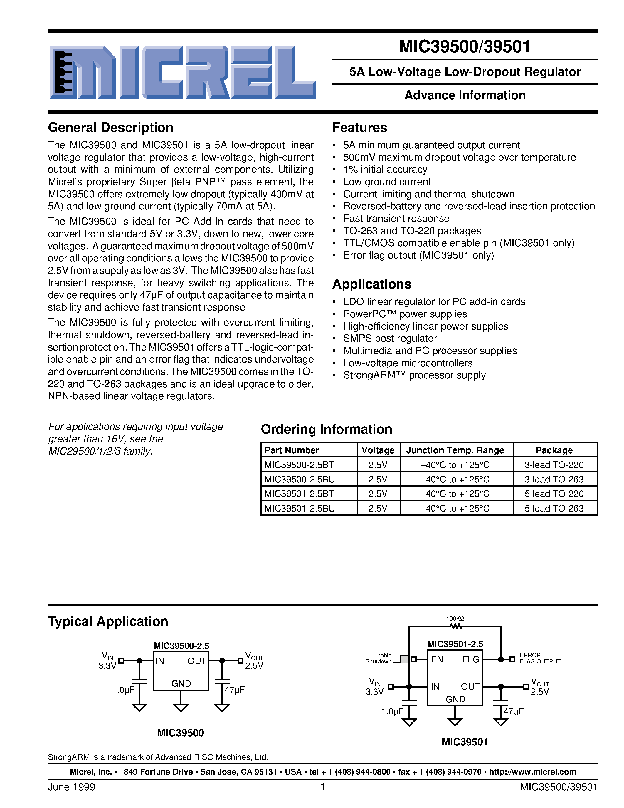 Datasheet MIC39500-2.5BU - 5A Low-Voltage Low-Dropout Regulator Advance Information page 1