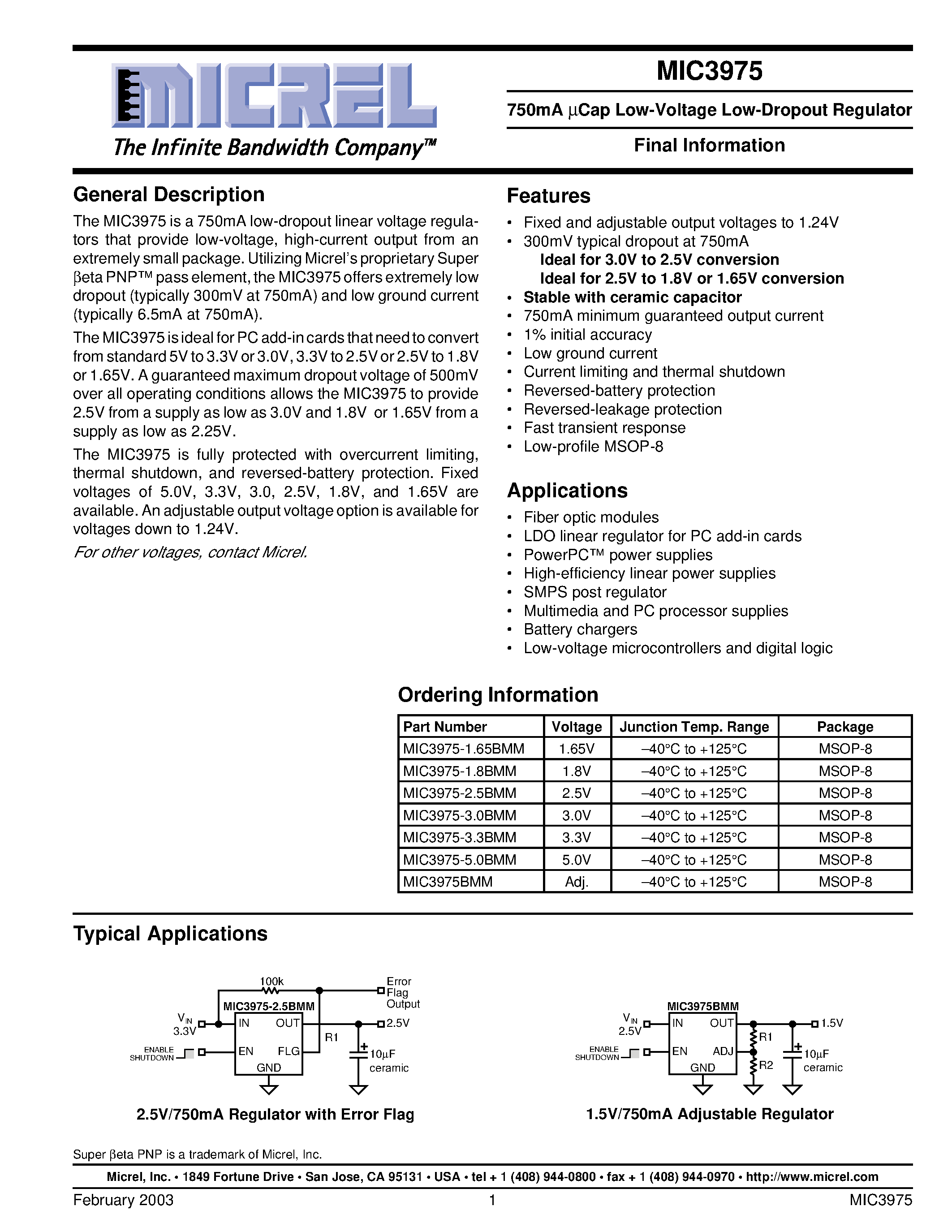 Datasheet MIC3975-3.0BMM - 750mA UCap Low-Voltage Low-Dropout Regulator page 1