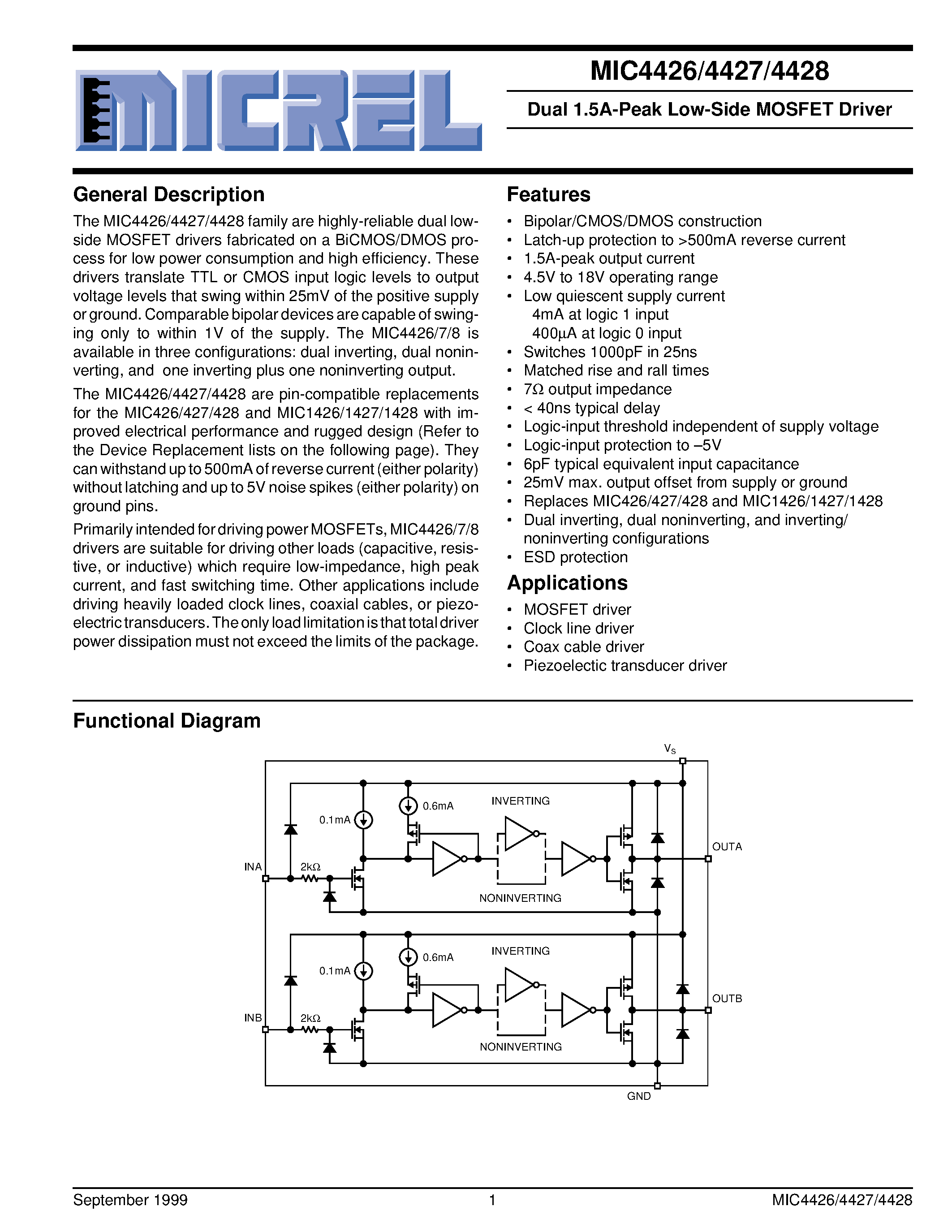 Datasheet MIC4426AM - Dual 1.5A-Peak Low-Side MOSFET Driver page 1