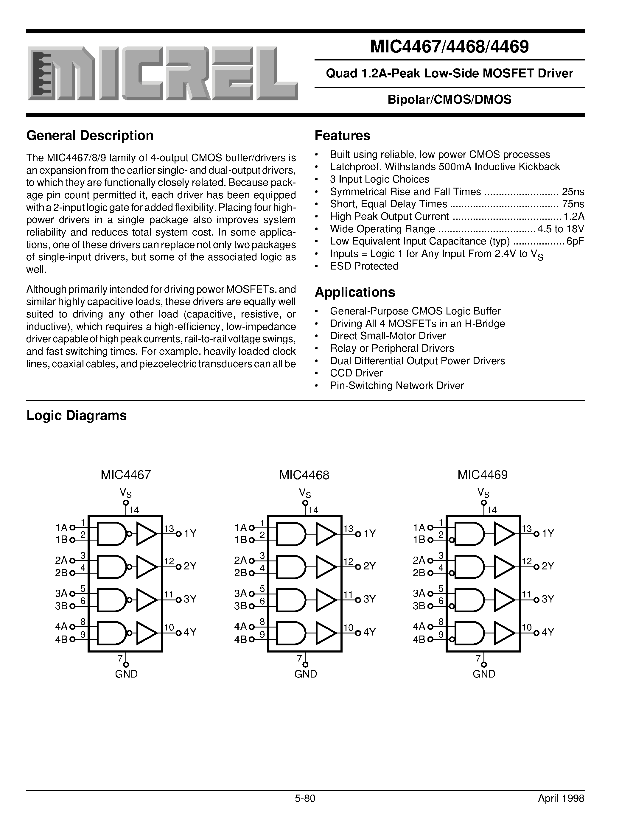 Datasheet MIC4468BN - Quad 1.2A-Peak Low-Side MOSFET Driver Bipolar/CMOS/DMOS page 1