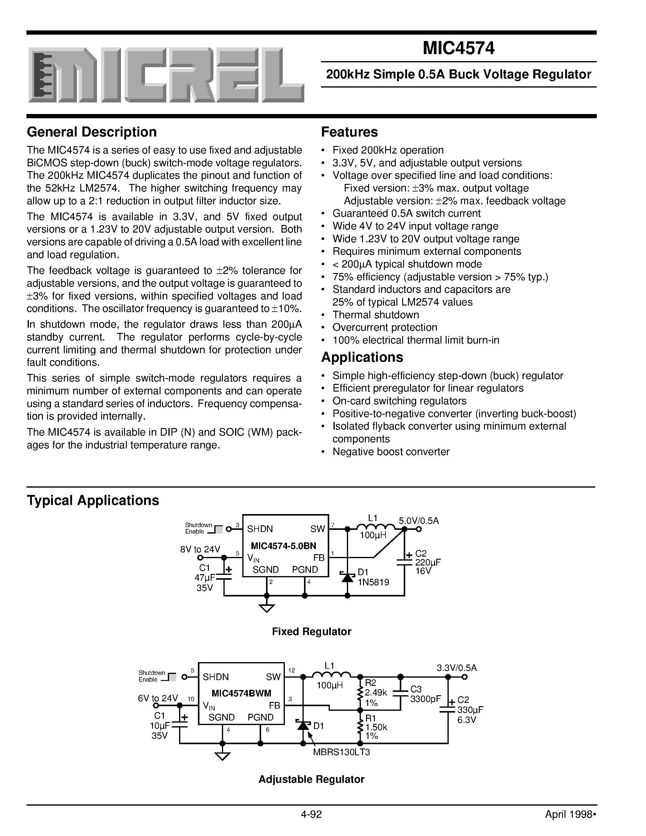 Datasheet MIC4574-3.3BWM - 200kHz Simple 0.5A Buck Voltage Regulator page 1