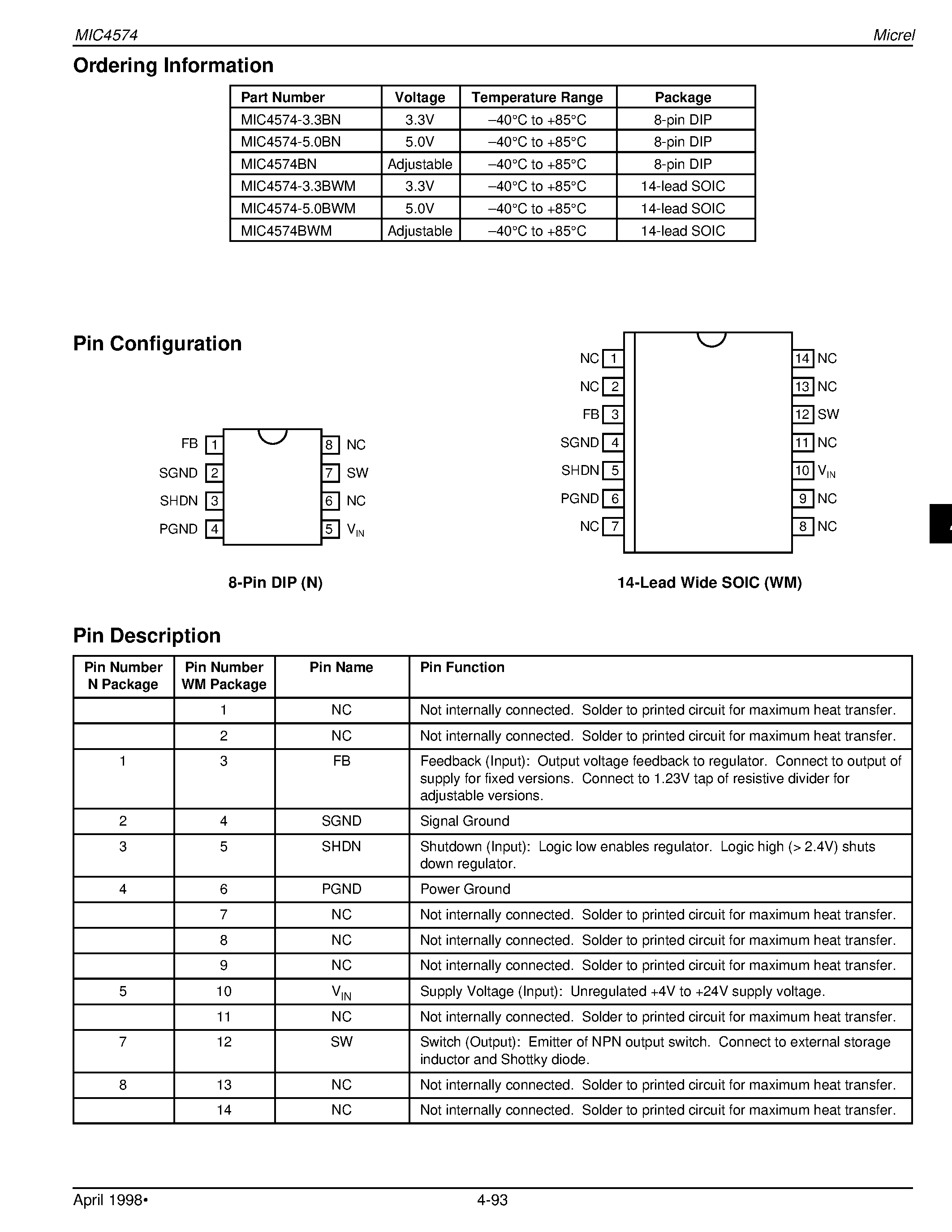 Datasheet MIC4574BN - 200kHz Simple 0.5A Buck Voltage Regulator page 2