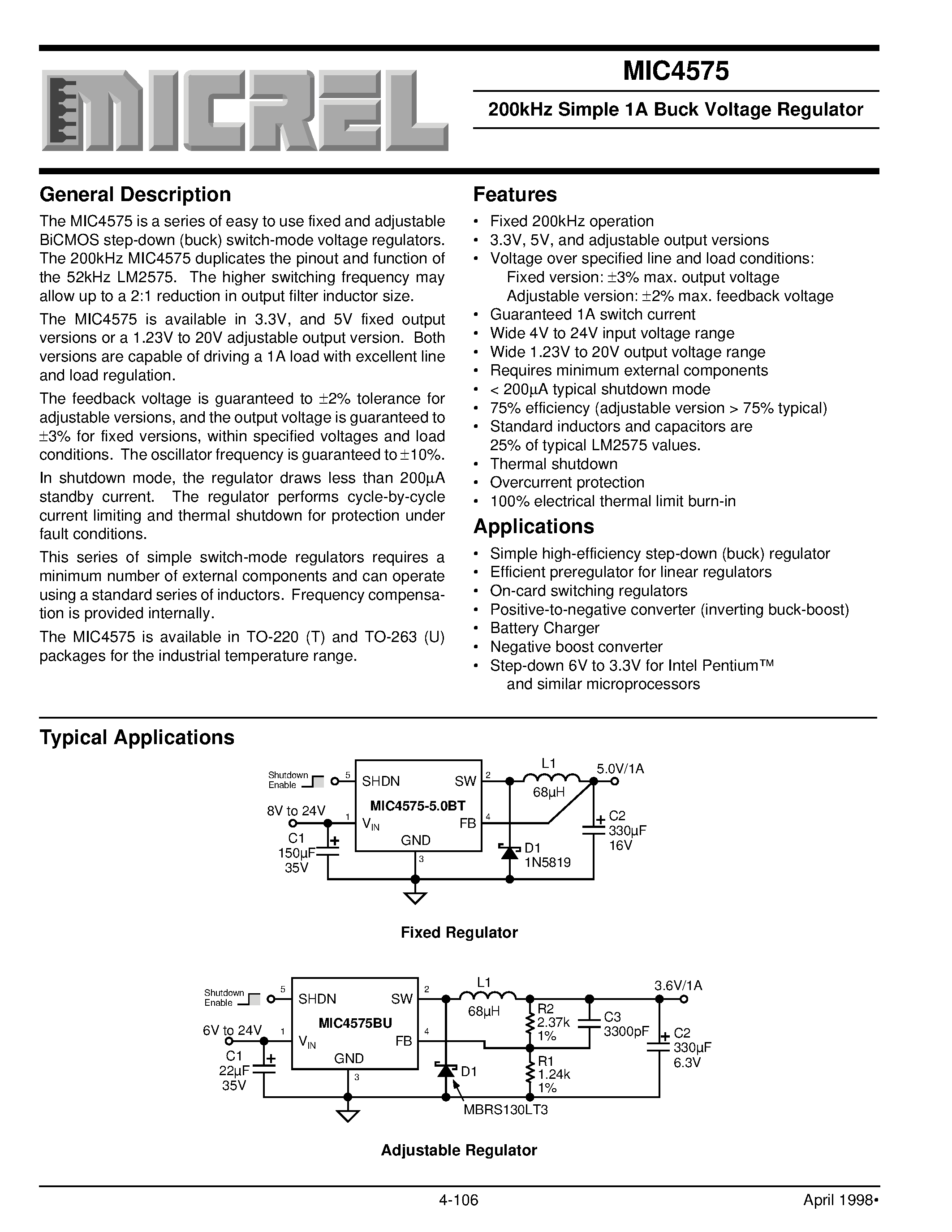 Datasheet MIC4575-3.3BU - 200kHz Simple 1A Buck Voltage Regulator page 1