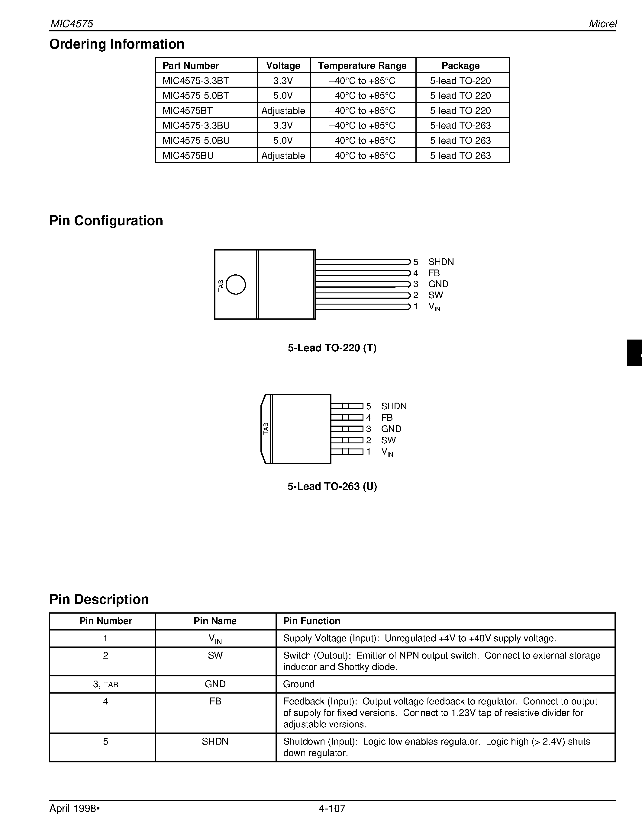 Datasheet MIC4575-3.3BU - 200kHz Simple 1A Buck Voltage Regulator page 2