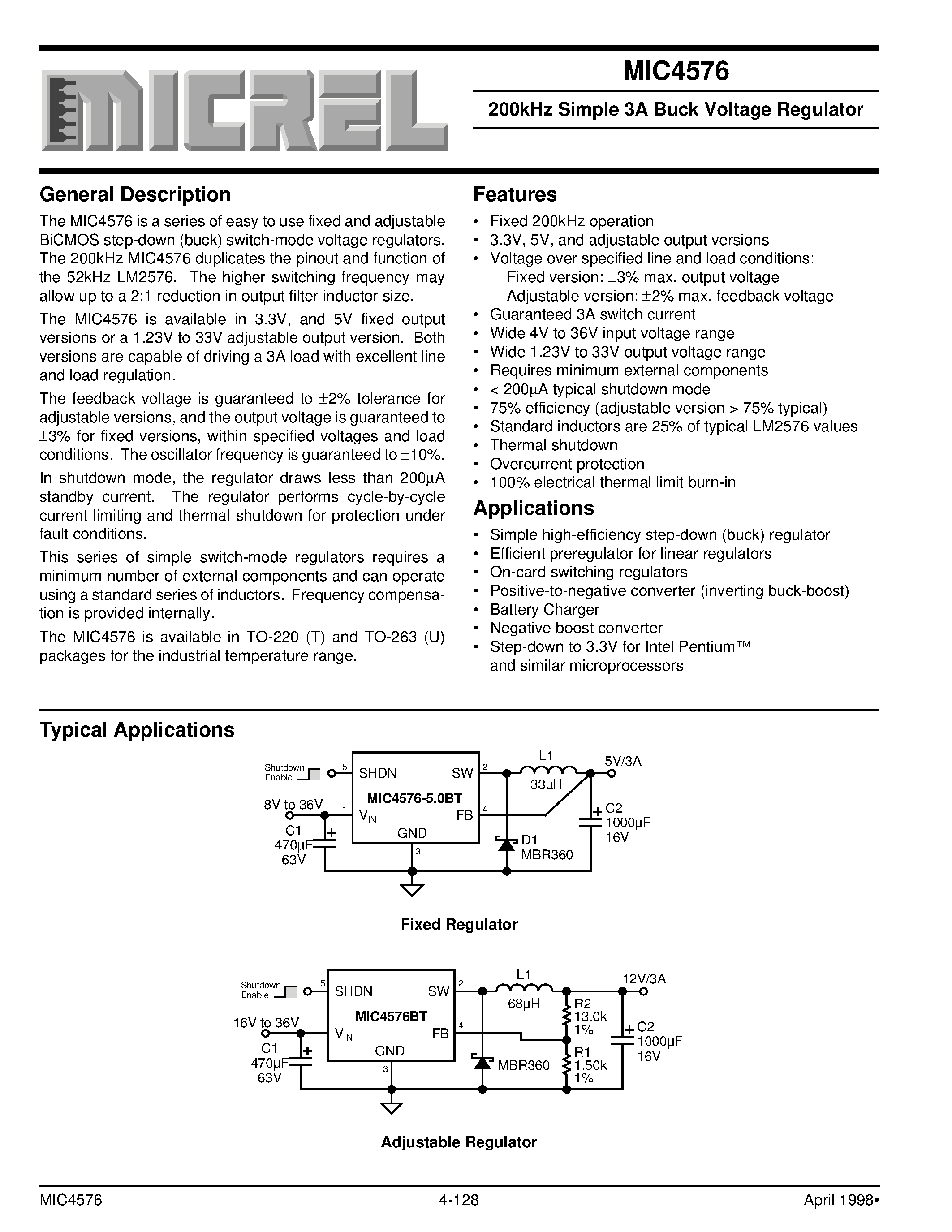 Datasheet MIC4576-3.3BU - 200kHz Simple 3A Buck Voltage Regulator page 1