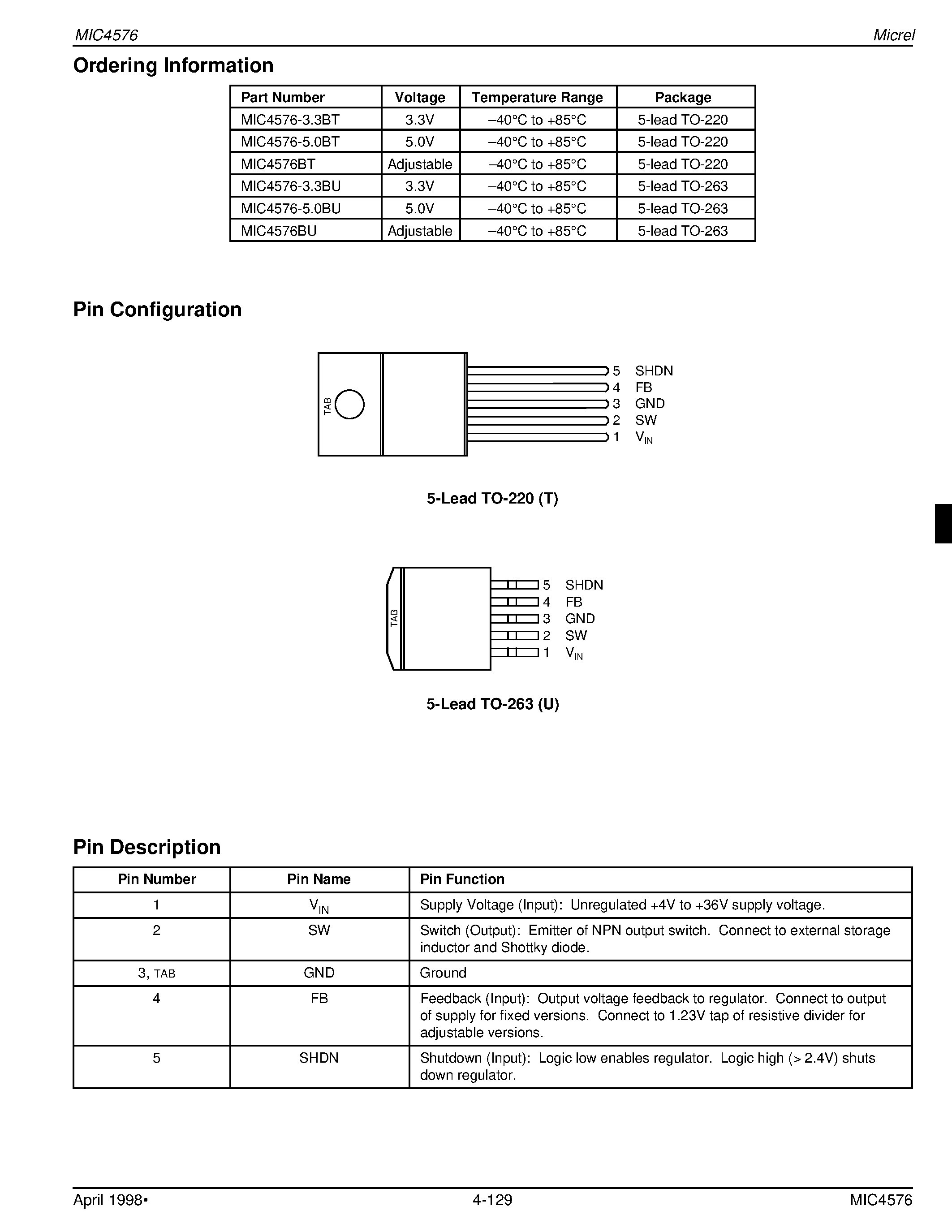 Datasheet MIC4576-3.3BU - 200kHz Simple 3A Buck Voltage Regulator page 2
