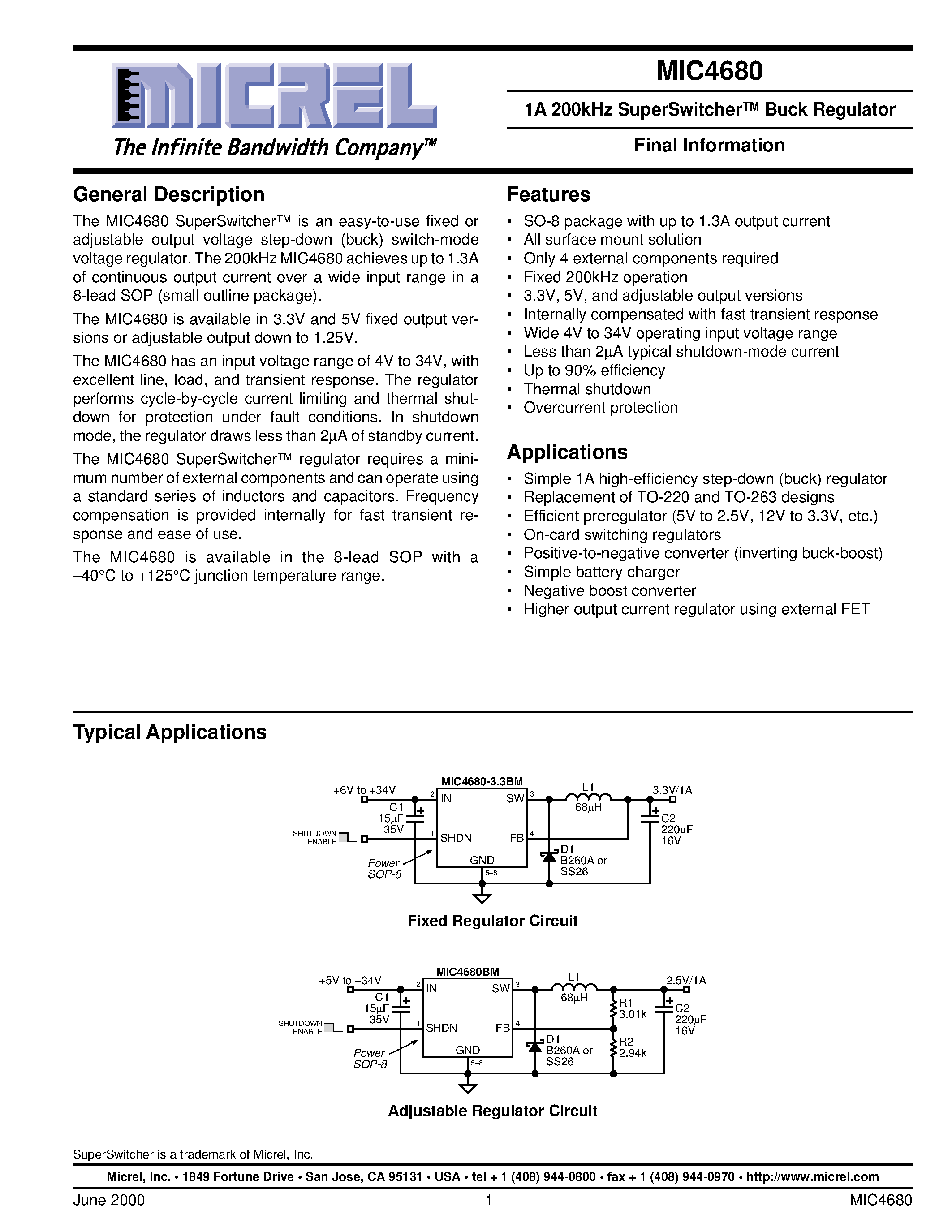 Datasheet MIC4680 - 1A 200kHz SuperSwitcher Buck Regulator Final Information page 1