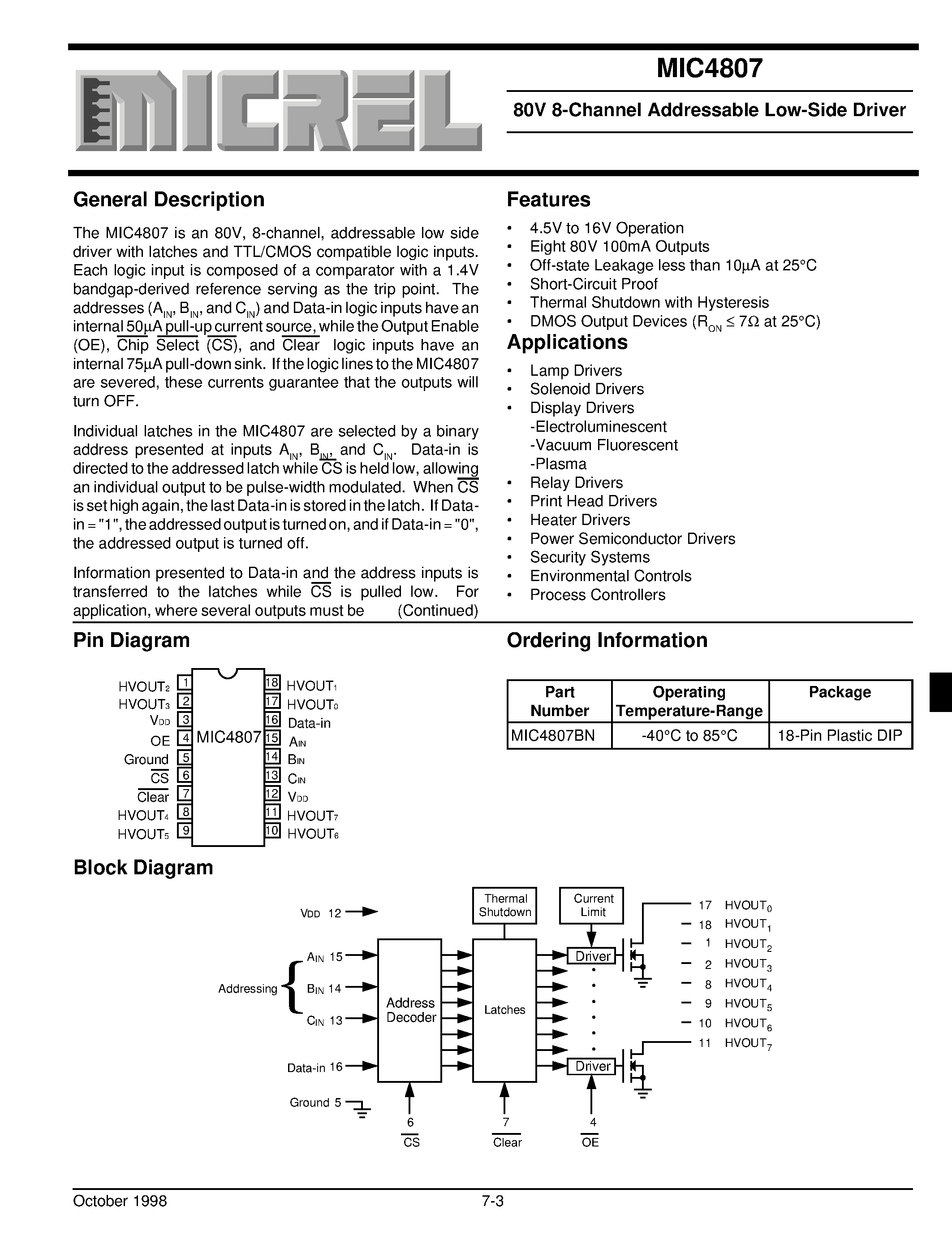 Datasheet MIC4807BN - 80V 8-Channel Addressable Low-Side Driver page 1