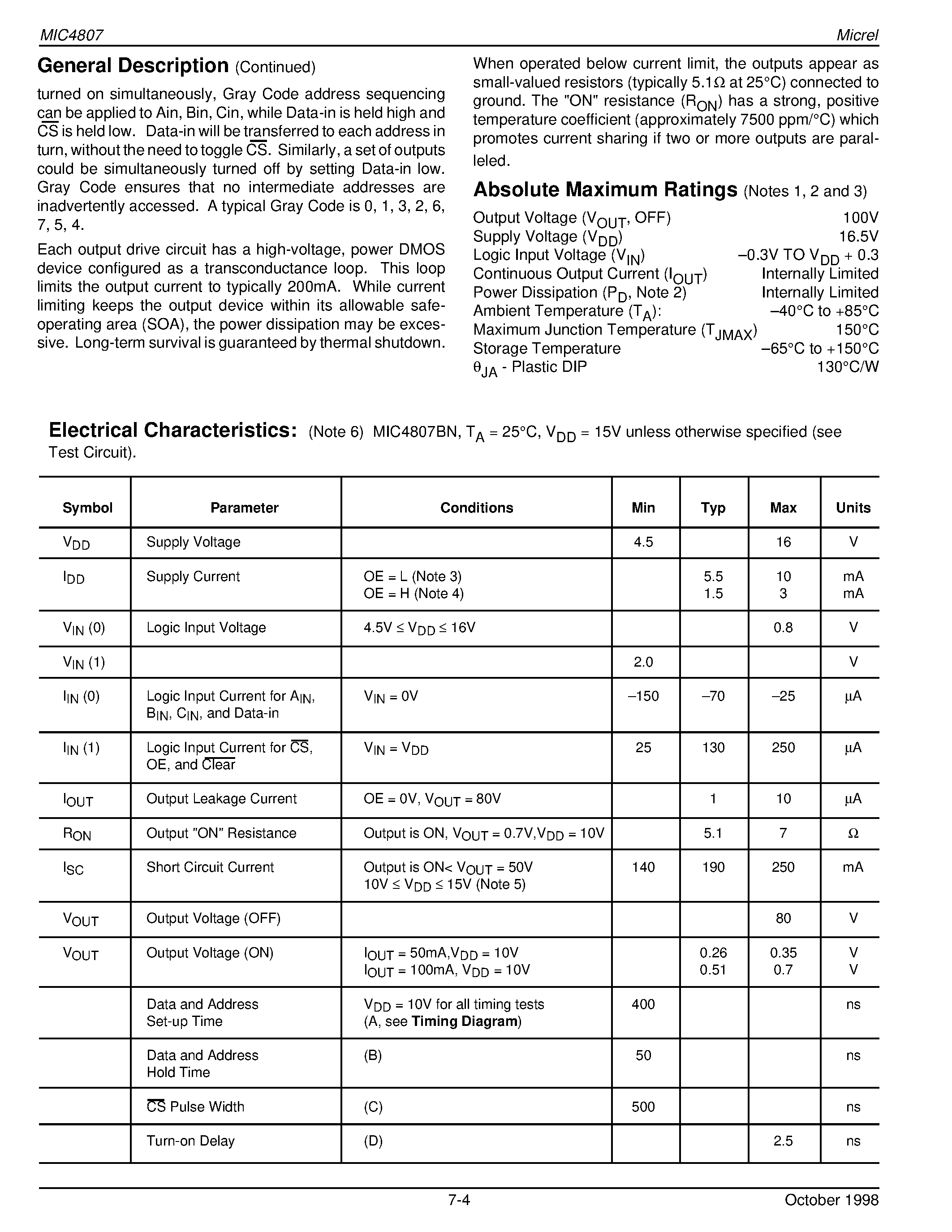 Datasheet MIC4807BN - 80V 8-Channel Addressable Low-Side Driver page 2