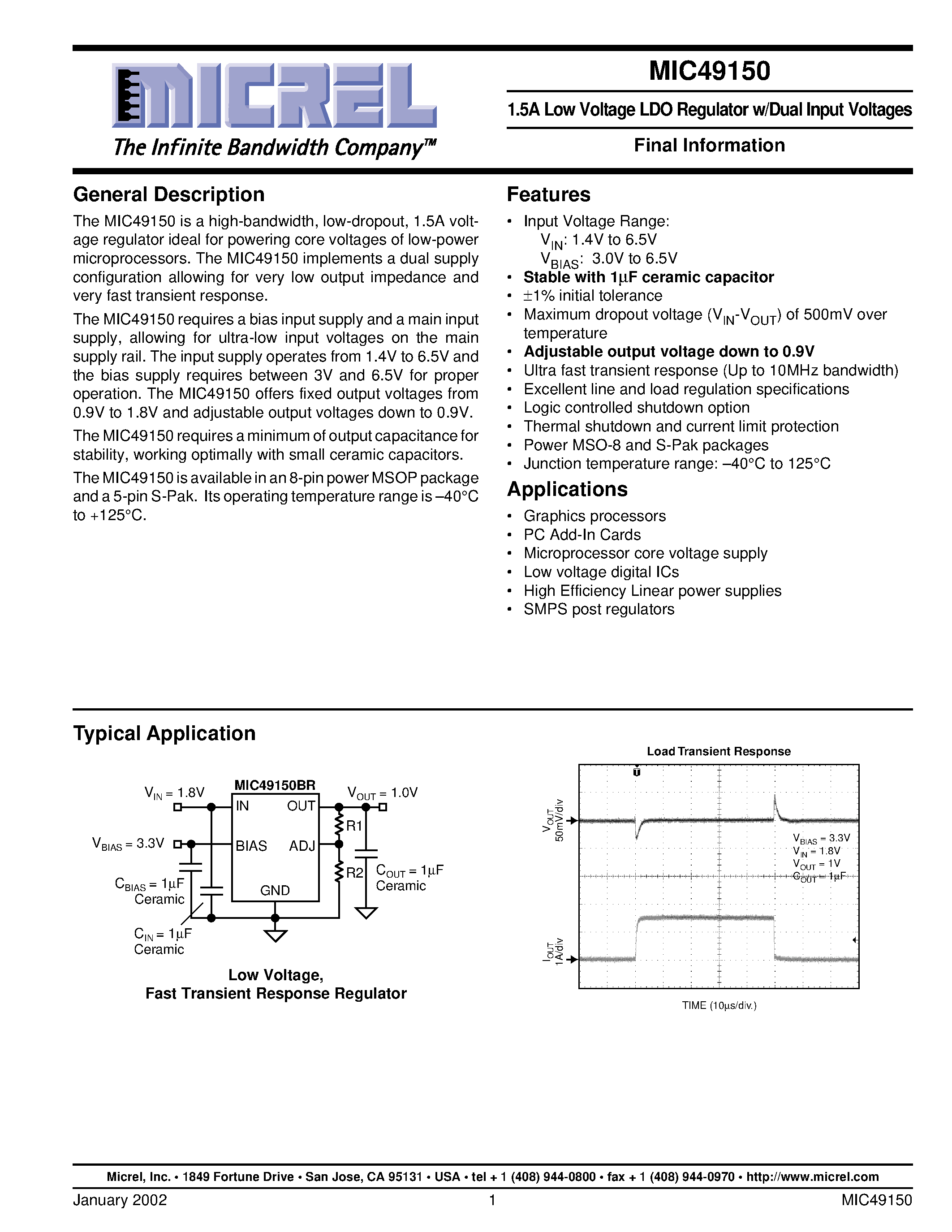 Datasheet MIC49150-1.5BR - 1.5A Low Voltage LDO Regulator w/Dual Input Voltages page 1