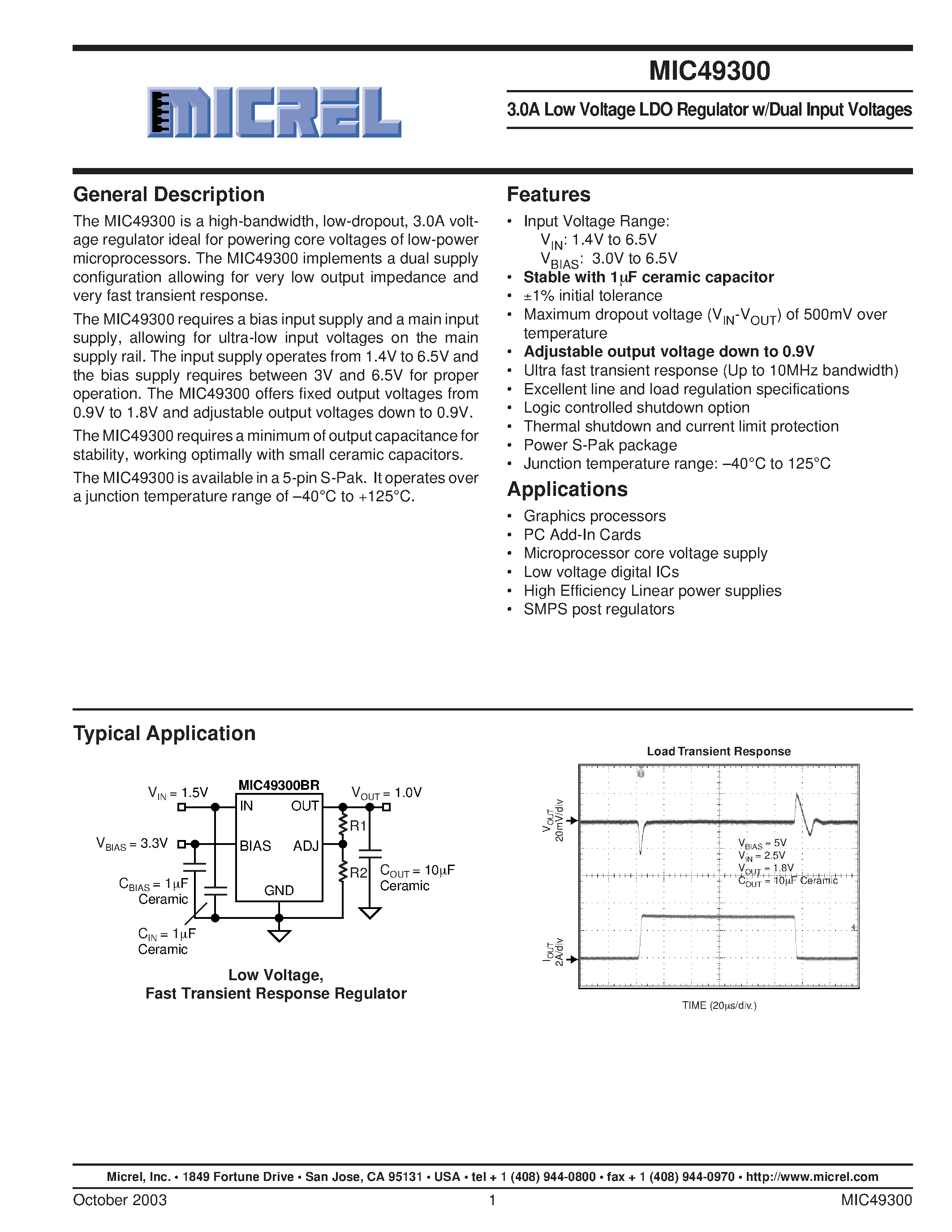 Datasheet MIC49300-1.8BR - 3.0A LOW VOLTAGE LDO REGULATOR W/DUAL INPUT VOLTAGES page 1