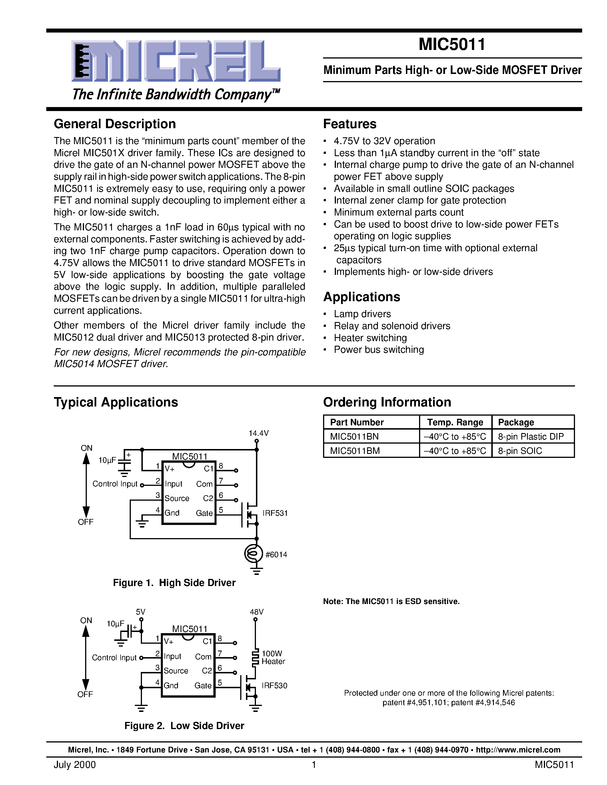 Datasheet MIC5011 - Minimum Parts High- or Low-Side MOSFET Driver page 1