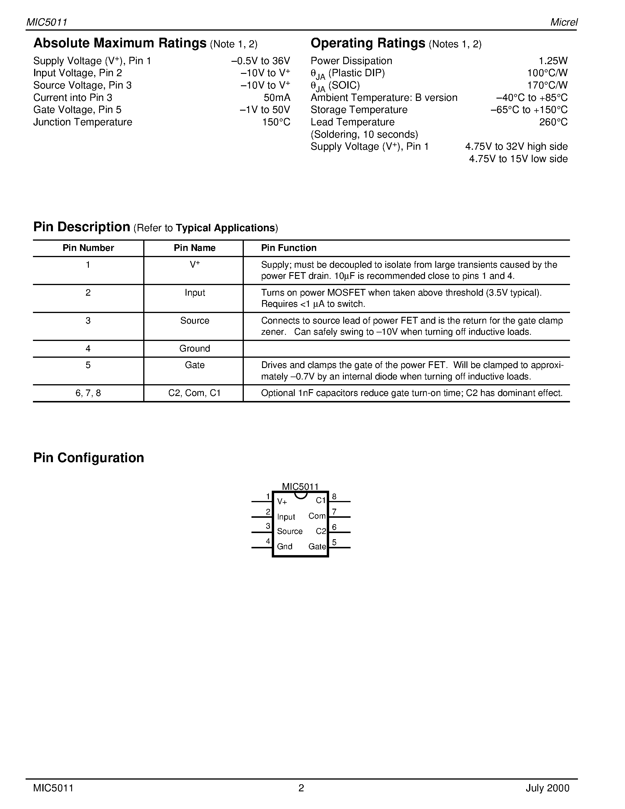 Datasheet MIC5011BN - Minimum Parts High- or Low-Side MOSFET Driver page 2