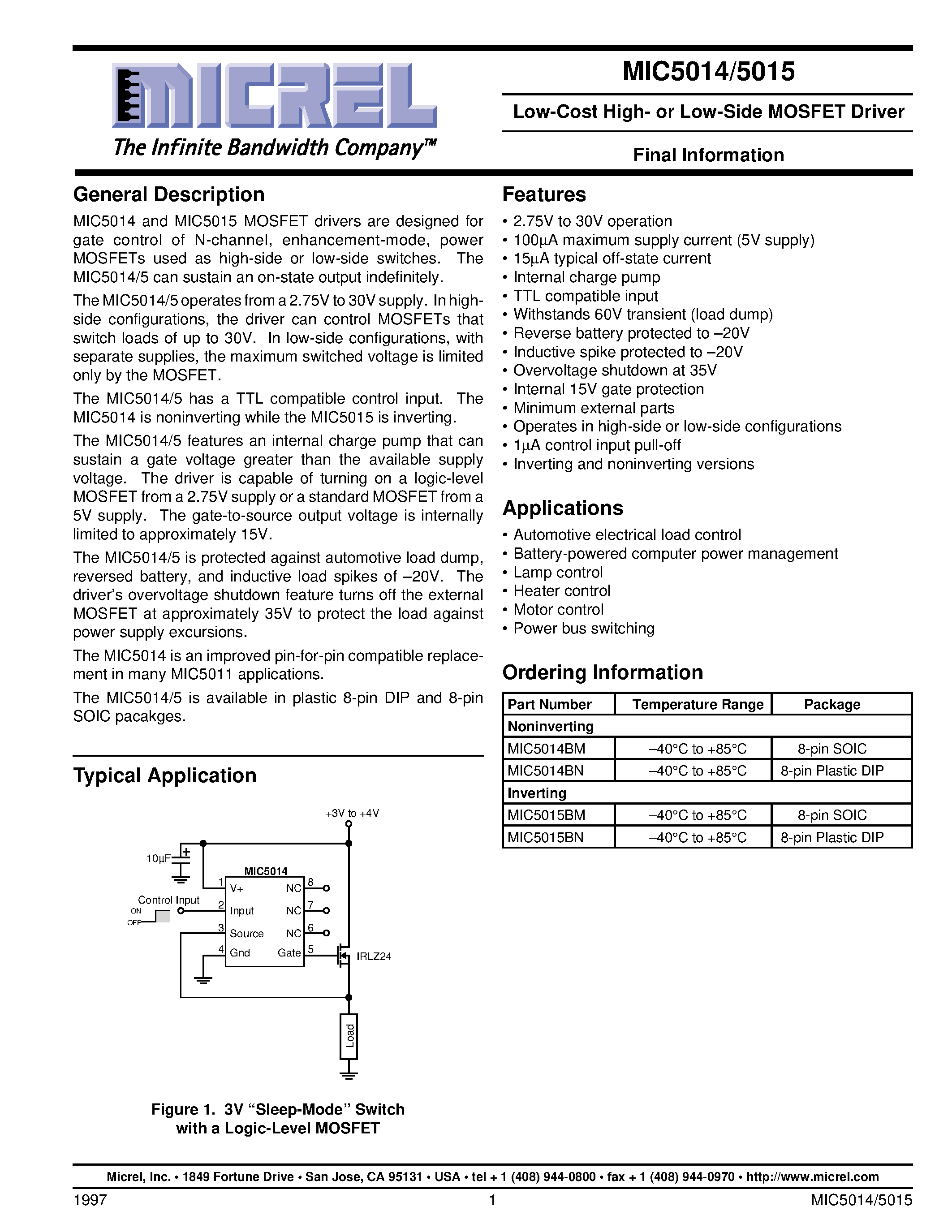 Даташит на микросхему MIC5014-1 страница 1 Даташит MIC5014-1 - Low-Cost High- or Low-Side MOSFET Driver Final Information страница 1