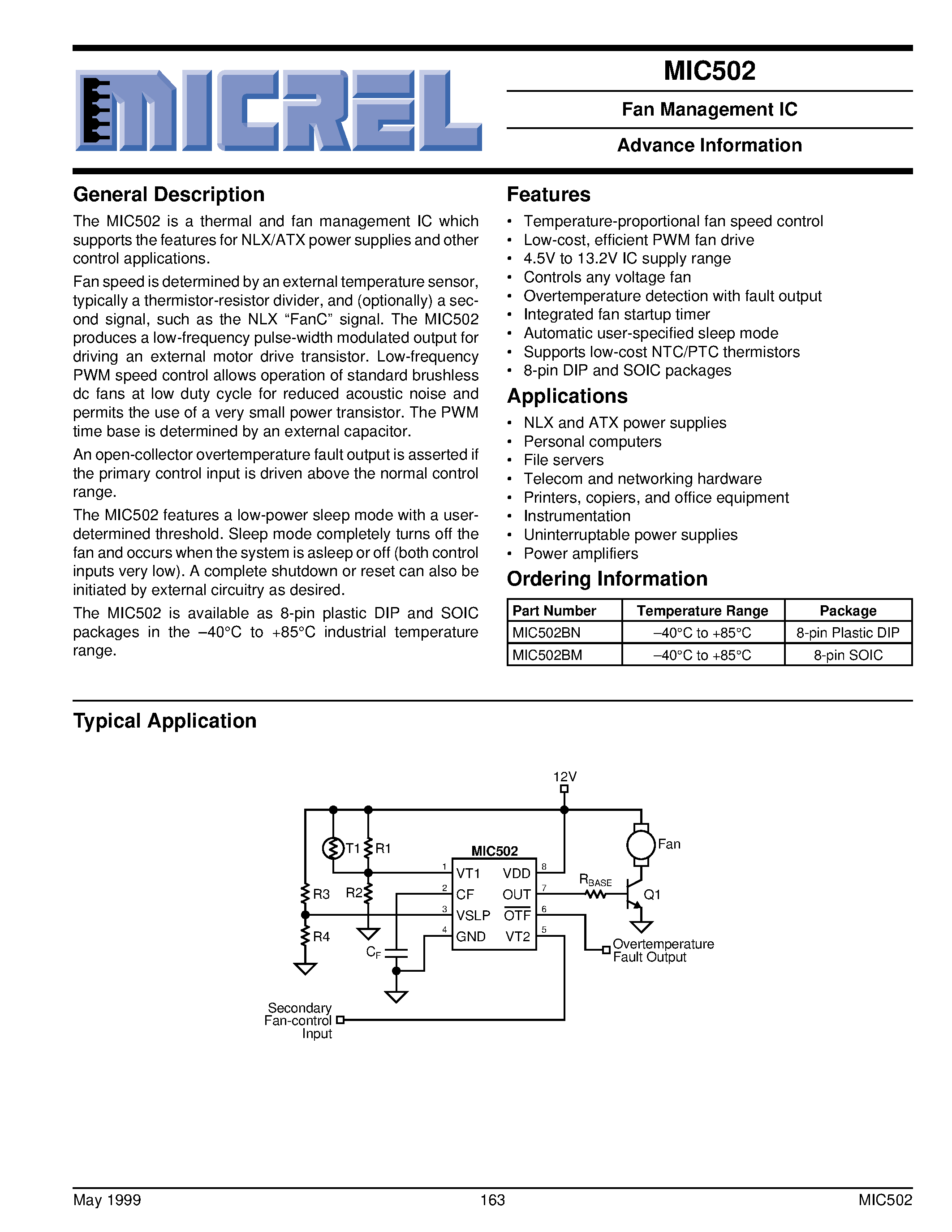 Даташит на микросхему MIC502 страница 1 Даташит MIC502 - Fan Management IC Advance Information страница 1