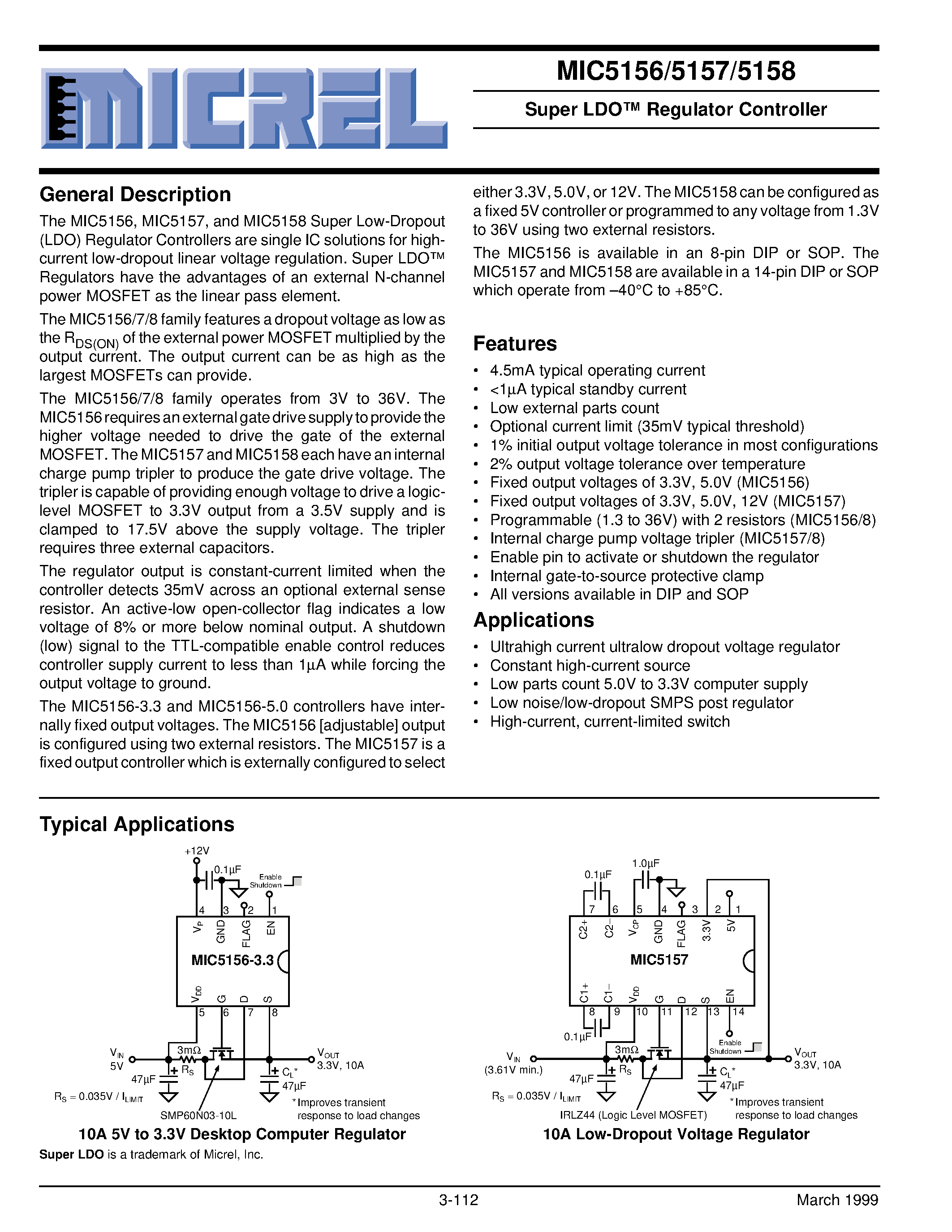 Datasheet MIC5156-5.0BN - Super LDO Regulator Controller page 1